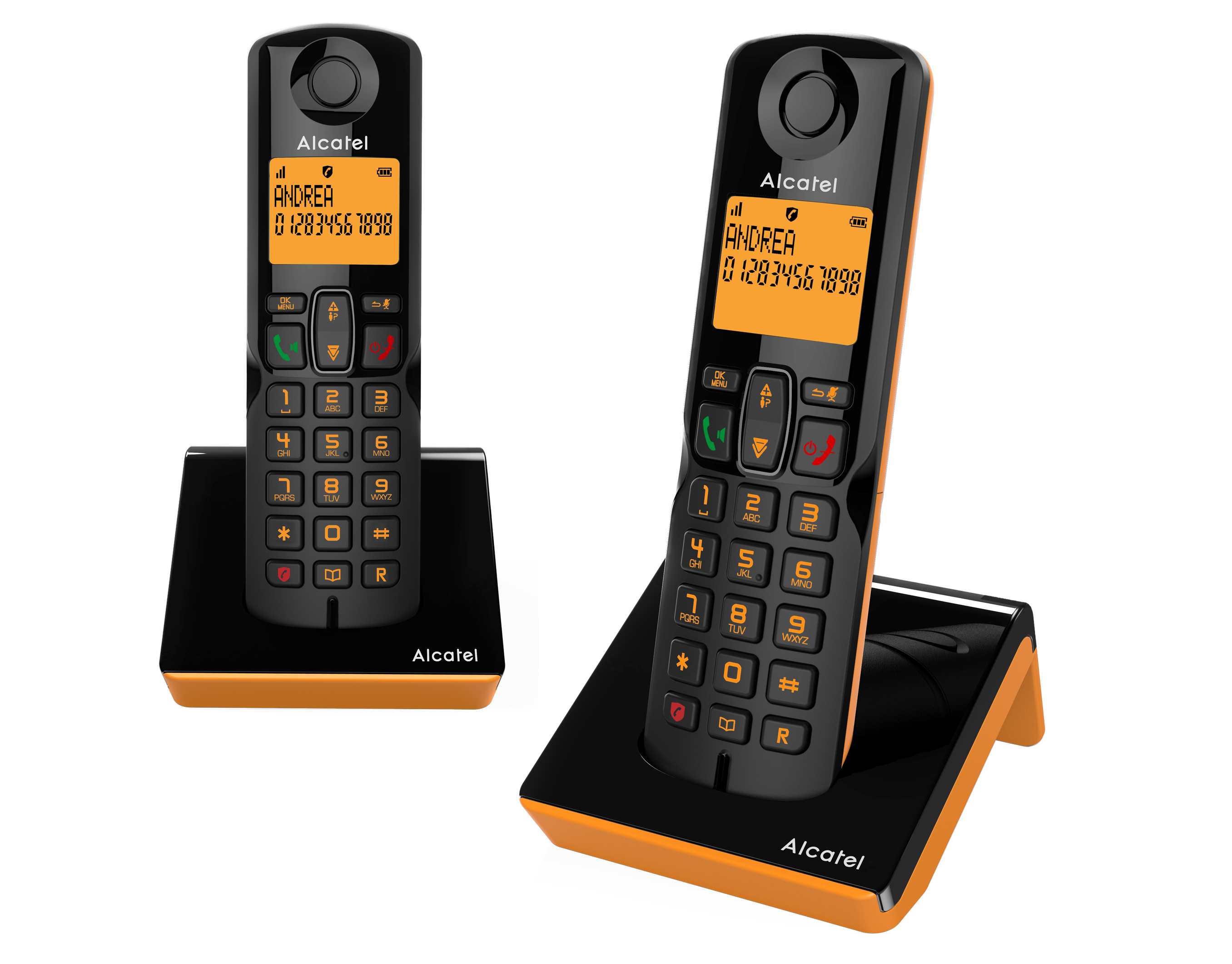 Due telefoni cordless con dettagli arancioni su basi nere. Mostrano nomi e numeri.