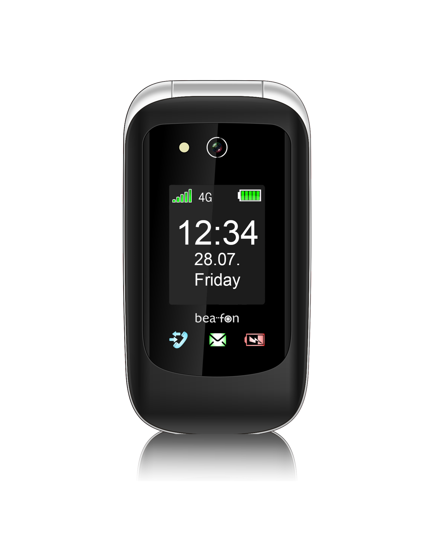 Zamknięty czarny telefon z klapką wyświetlający godzinę, datę i siłę sygnału na czarnym tle.