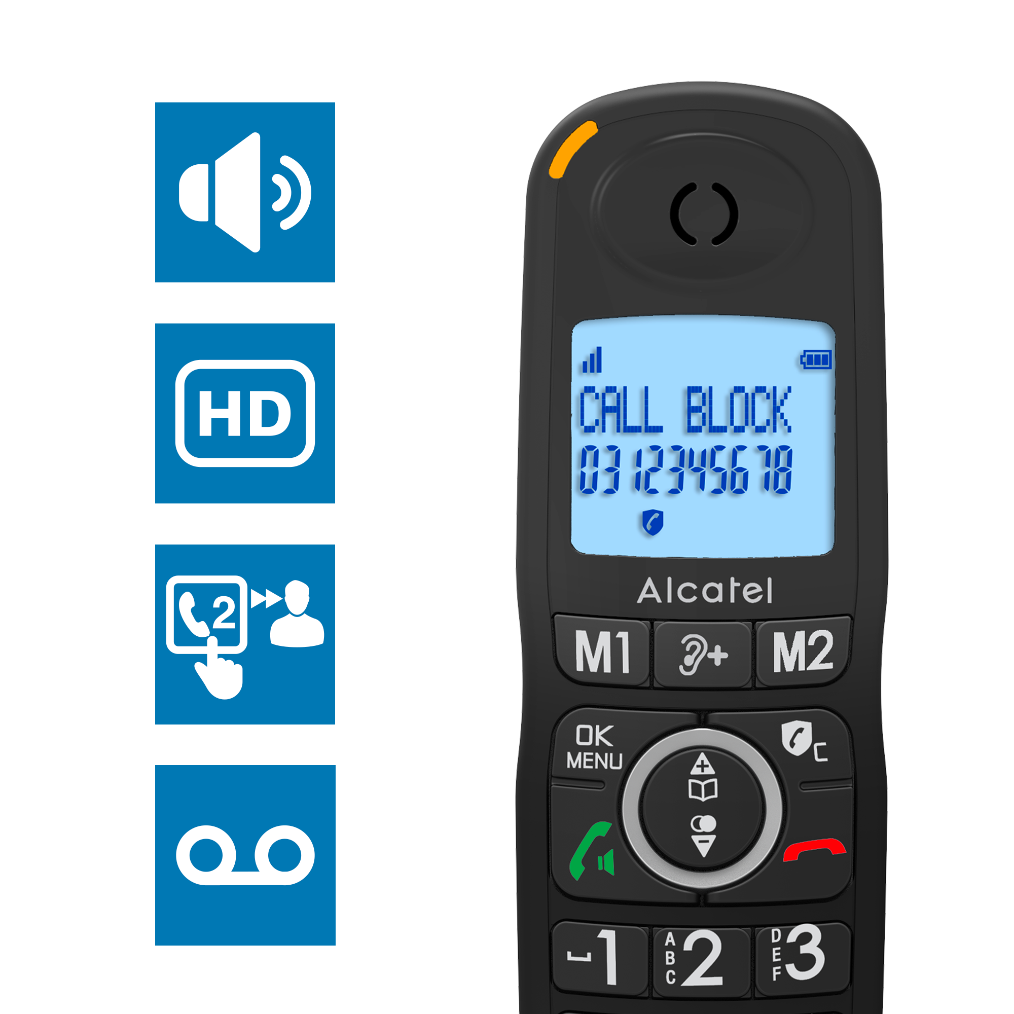 Primo piano di telefono cordless Alcatel con icone e dettagli della chiamata.