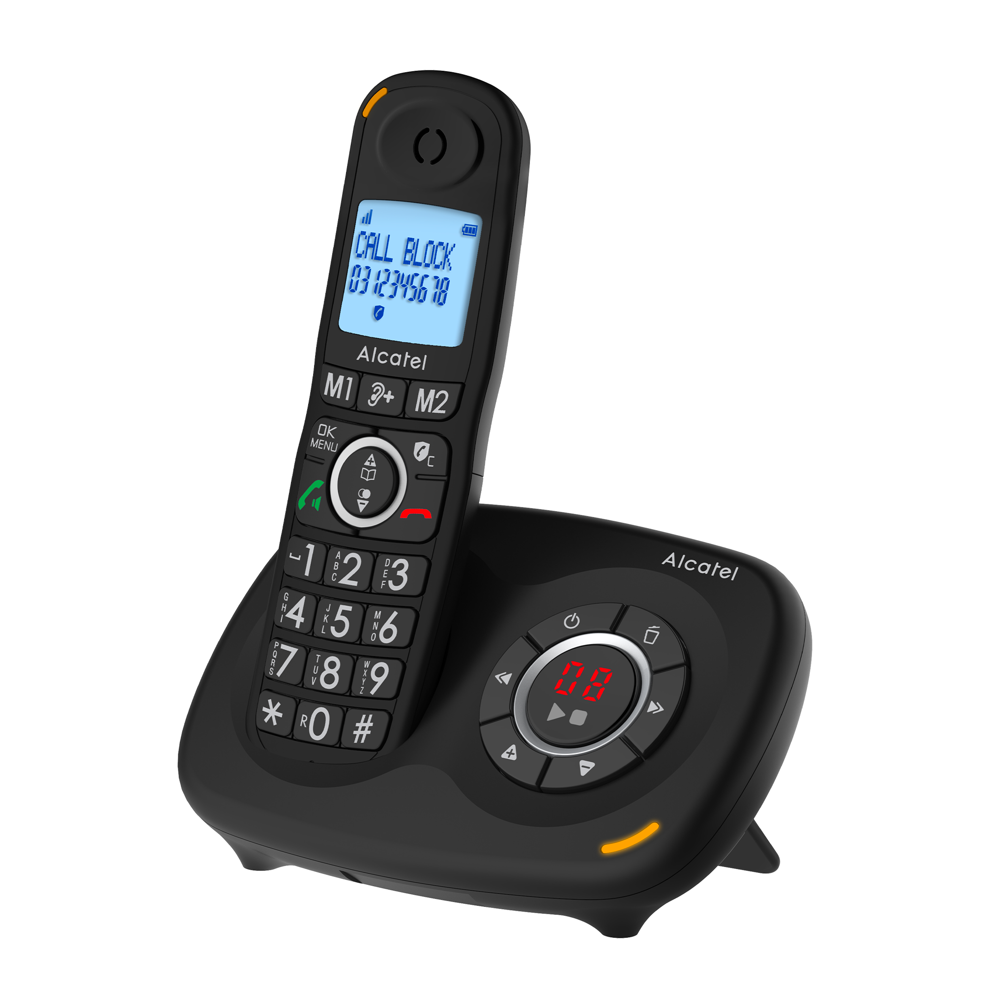 Un telefono fisso nero con pulsanti grandi, un display che mostra un numero di telefono e una stazione base.