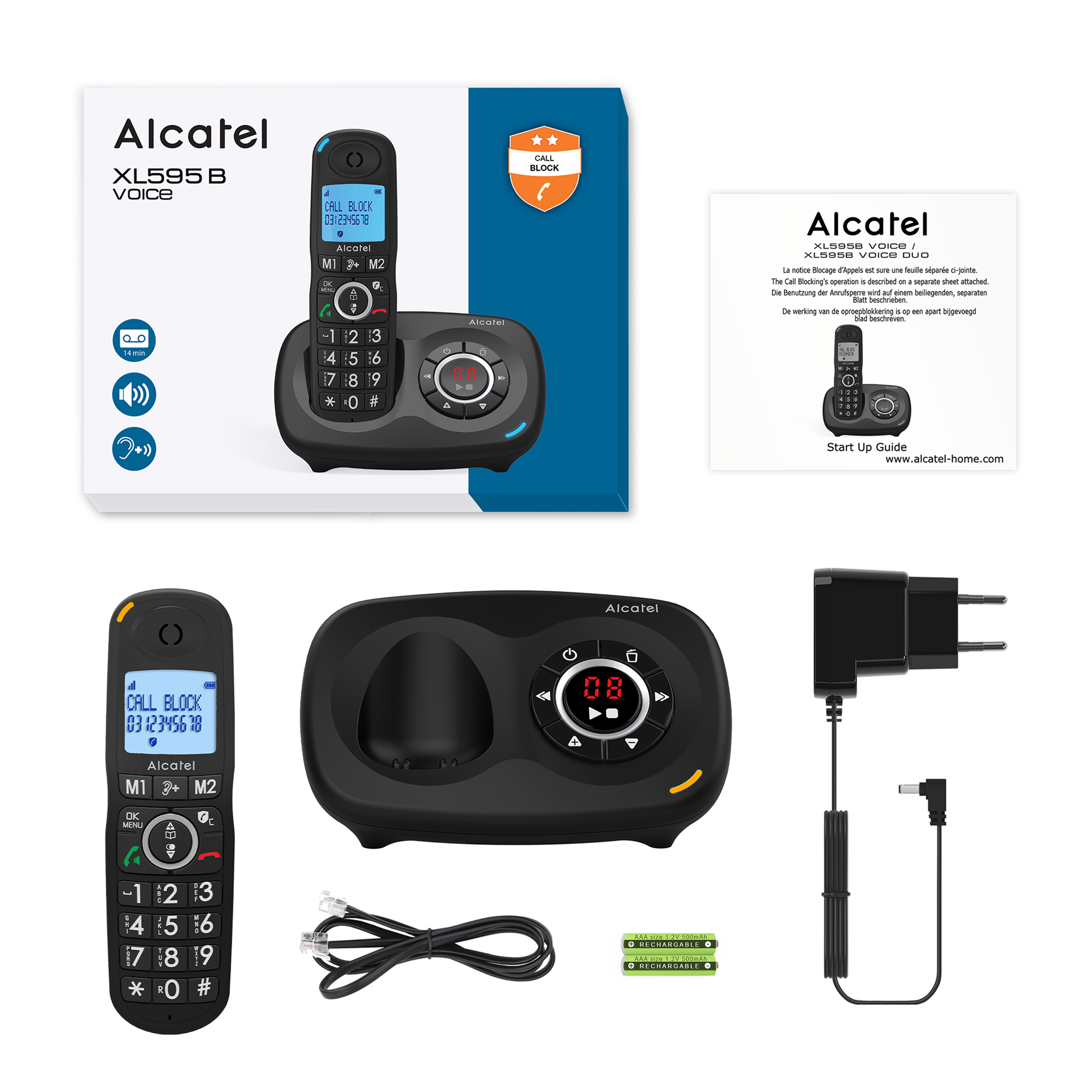 Un'immagine del prodotto di un telefono e dei suoi accessori, tra cui il telefono, la base e il cavo di ricarica.