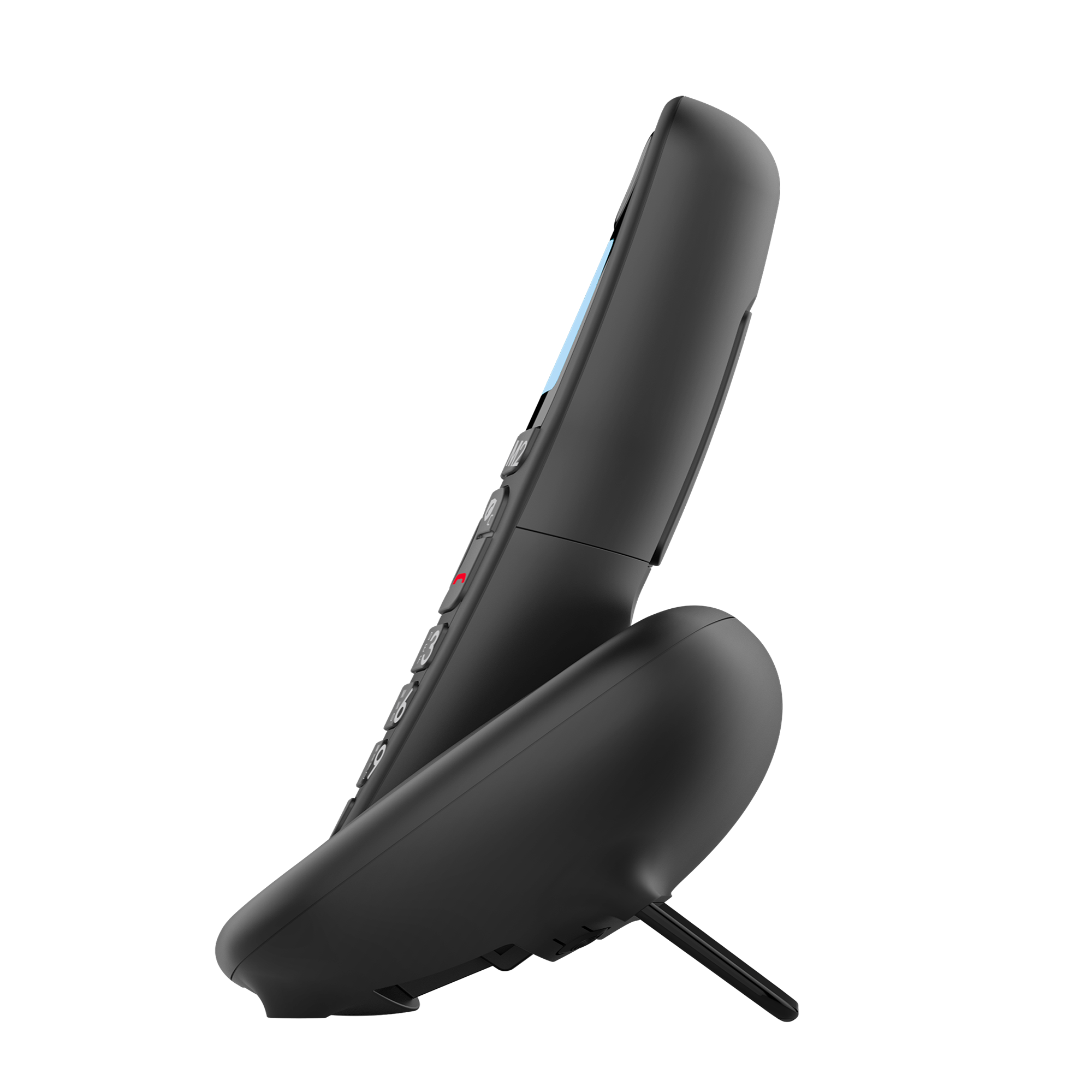 Telefono cordless nero di lato, appoggiato sul suo supporto. Lo schermo è visibile.