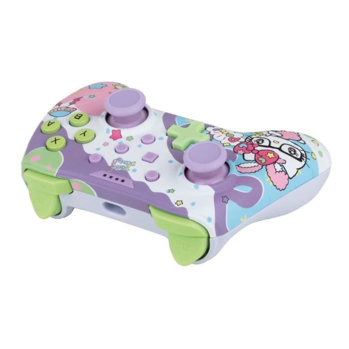 Ein farbenfroher Gamecontroller mit einzigartigem Design und Tasten. Der Controller ist weiß, lila und grün.