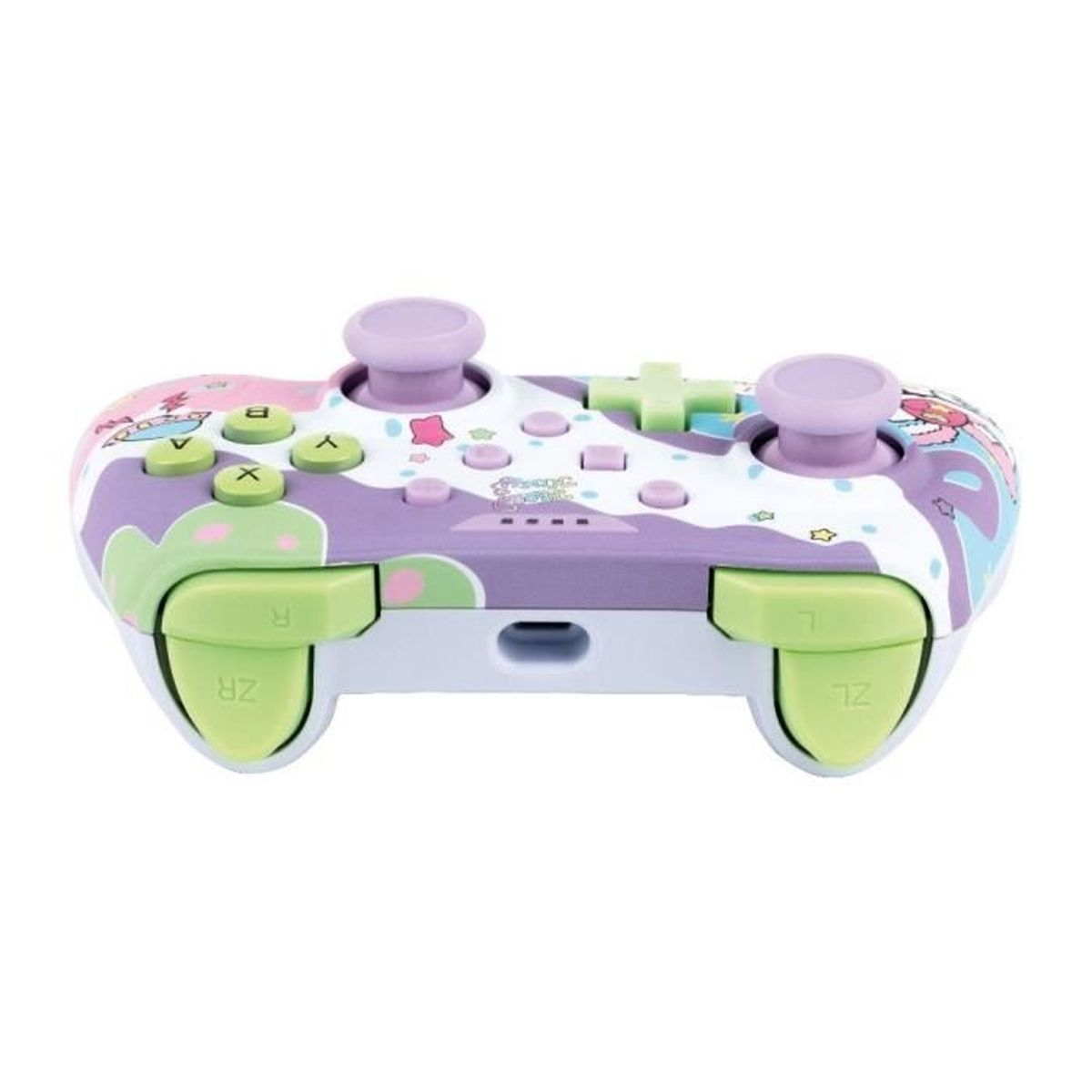 Ein farbenfroher Gamecontroller mit Knöpfen und Joysticks. Er hat rosa, lila und grüne Farben.