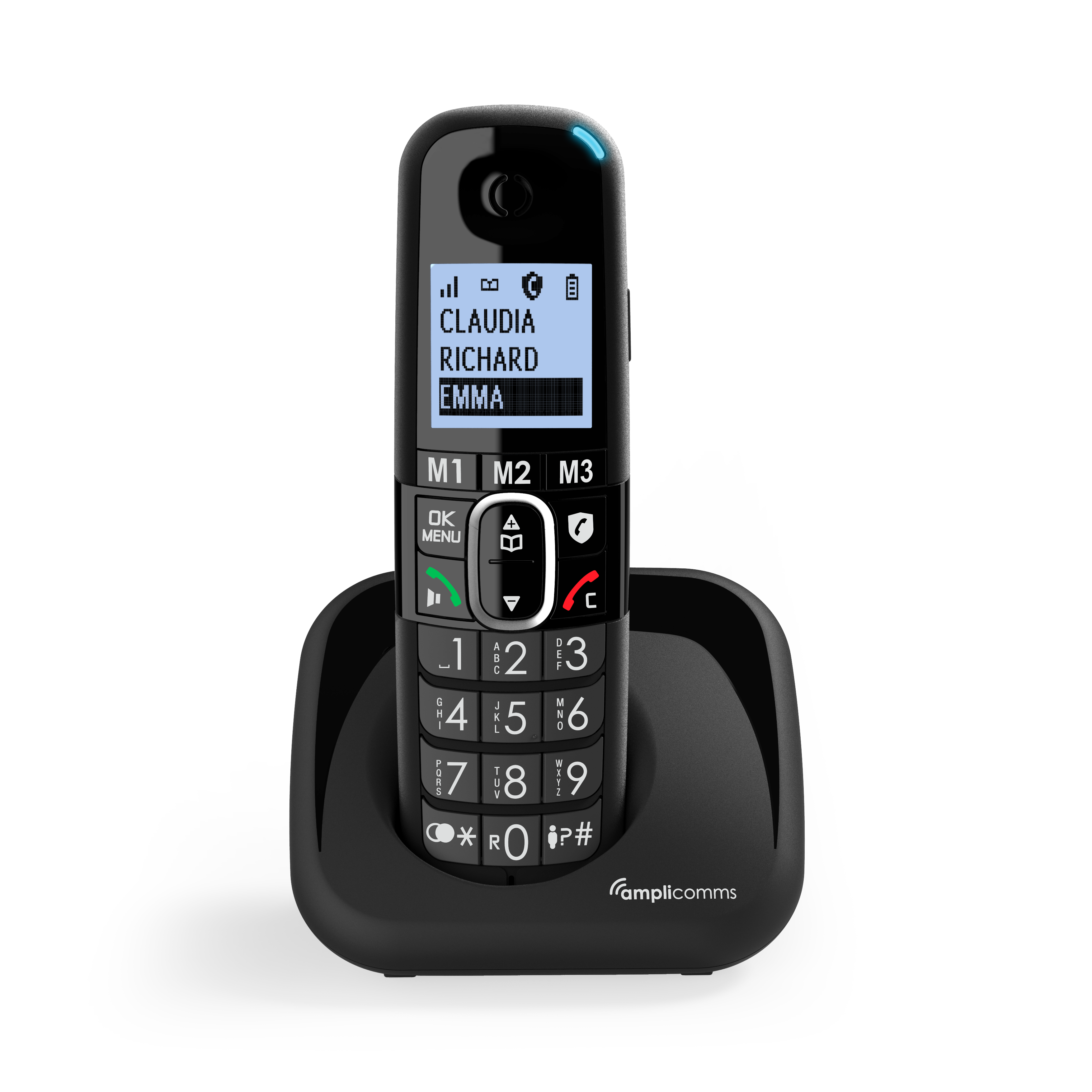 Zwarte draadloze telefoon op zijn basis, met namen op het scherm. Ampli-comms logo.