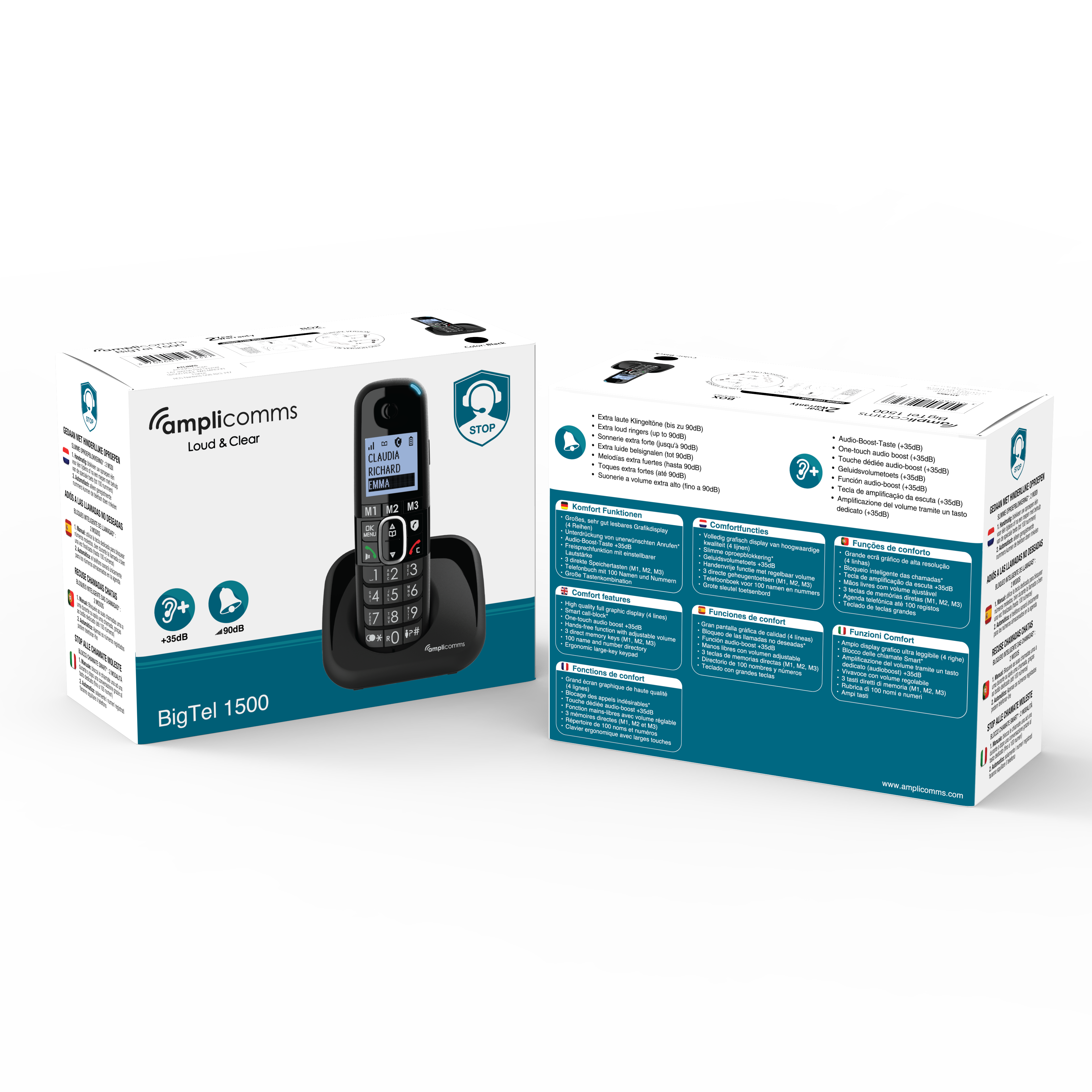 Twee dozen van de Ampli-comms BigTel 1500 telefoon met een telefoon en zijn basis. De dozen tonen details.