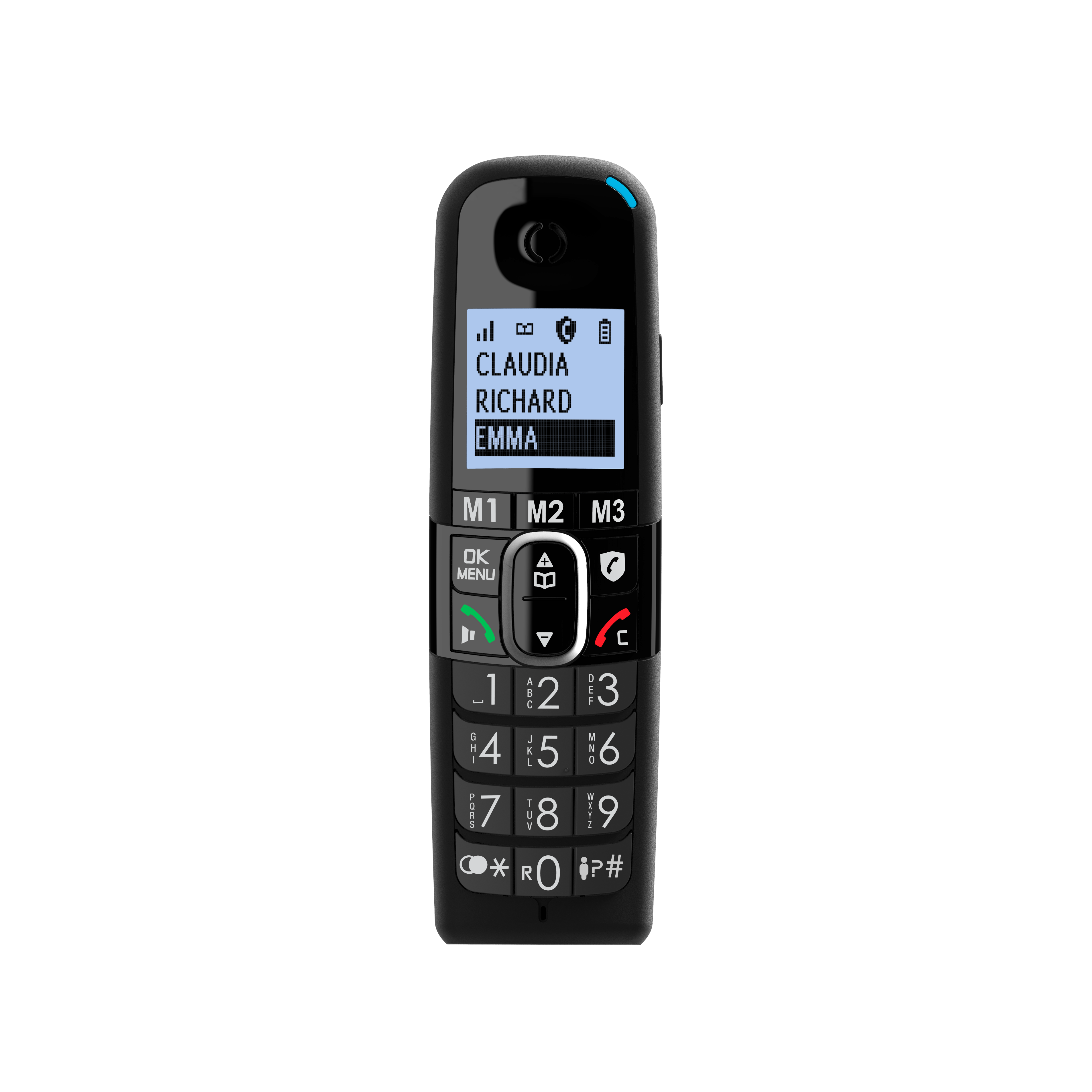 Zwarte draadloze telefoon met een scherm dat namen weergeeft. Het staat tegen een zwarte achtergrond.