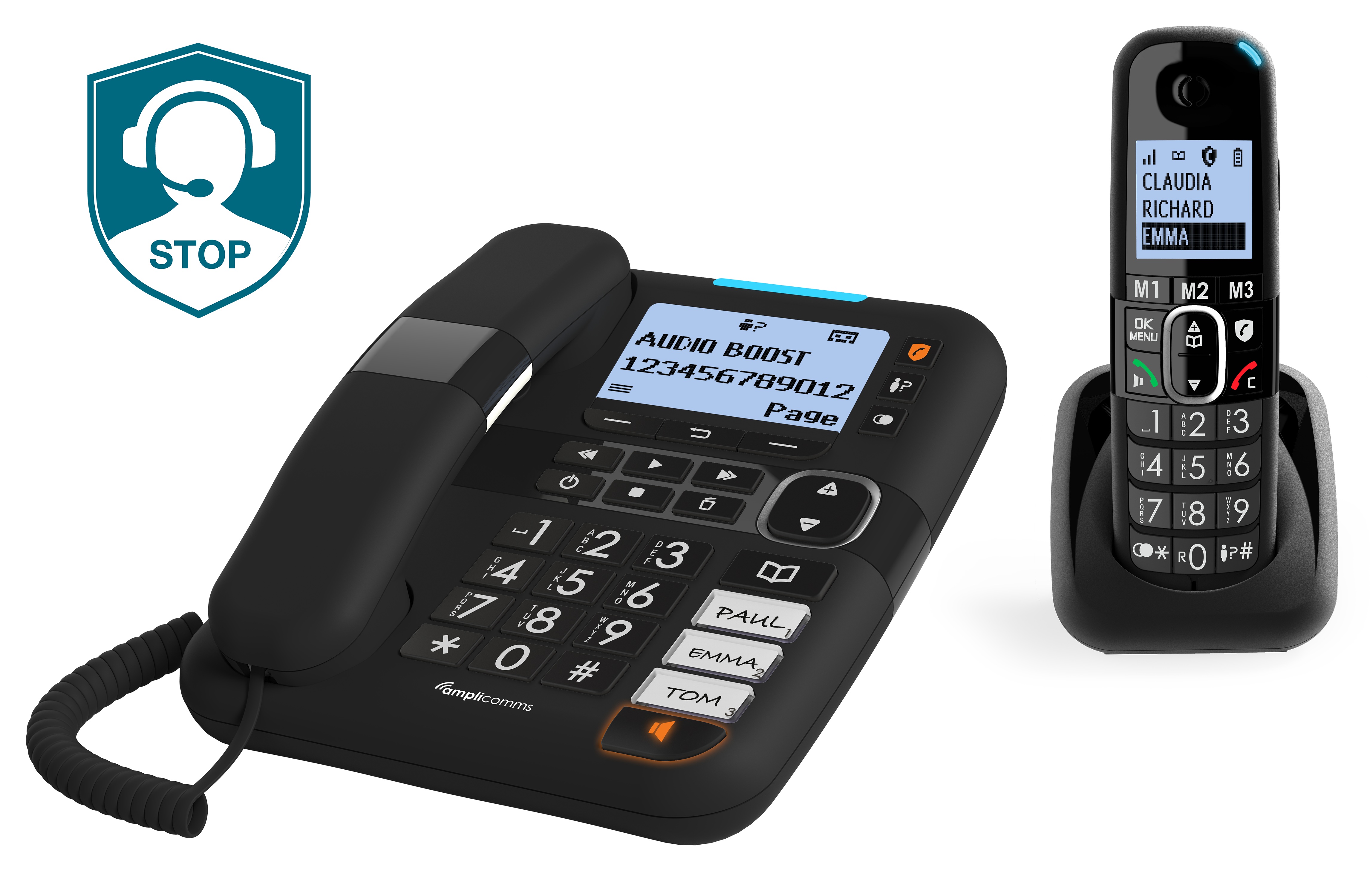 Téléphone fixe noir et un téléphone sans fil à côté, tous deux sur une surface noire.