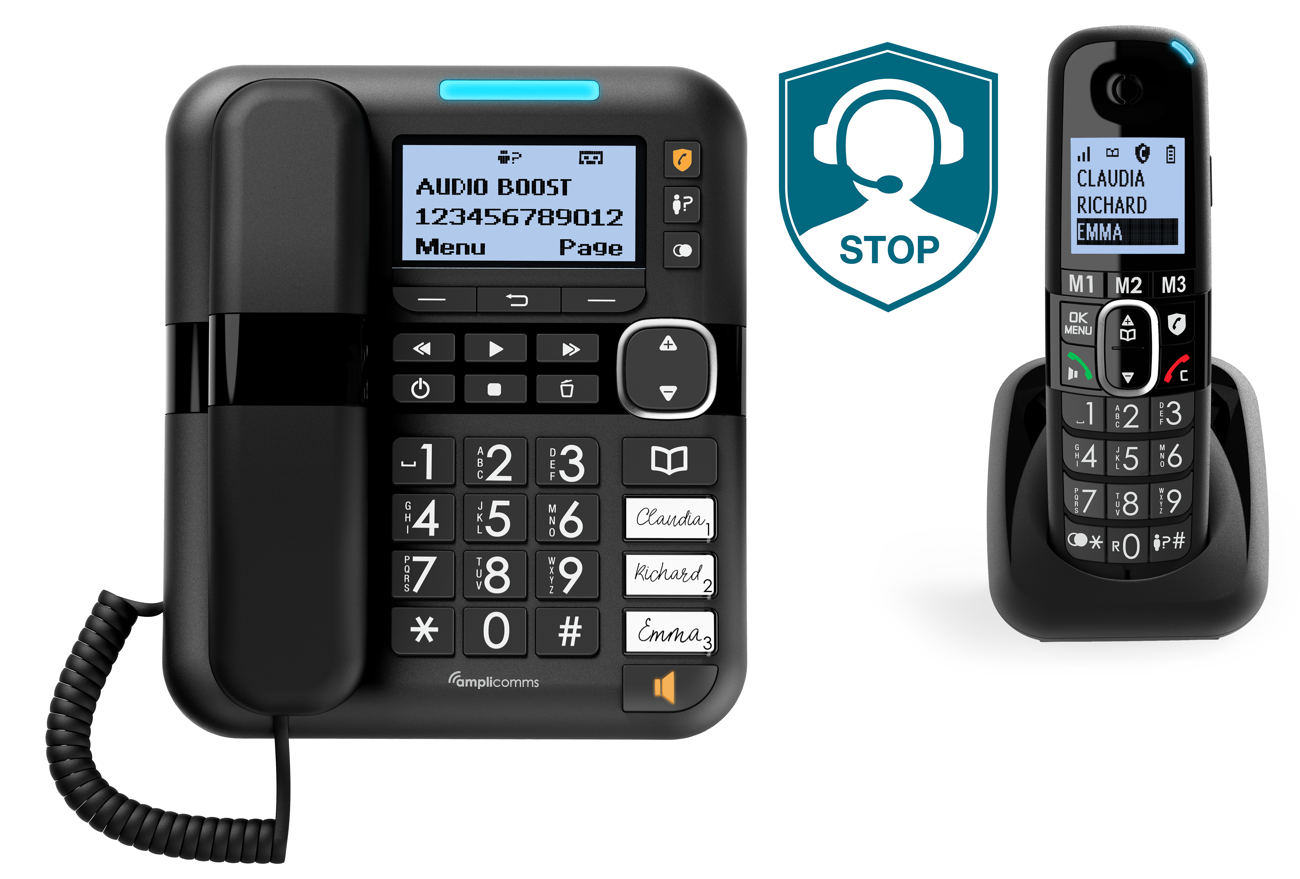 Téléphone fixe noir et un téléphone sans fil à côté, tous deux sur une surface noire.