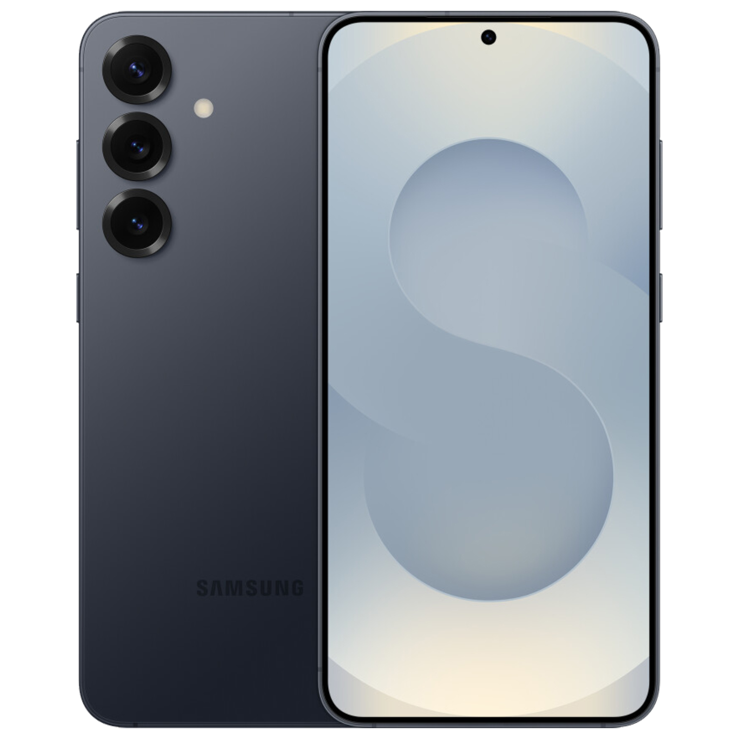 Smartfon pokazujący ekran i tył, trzy kamery i logo Samsung.