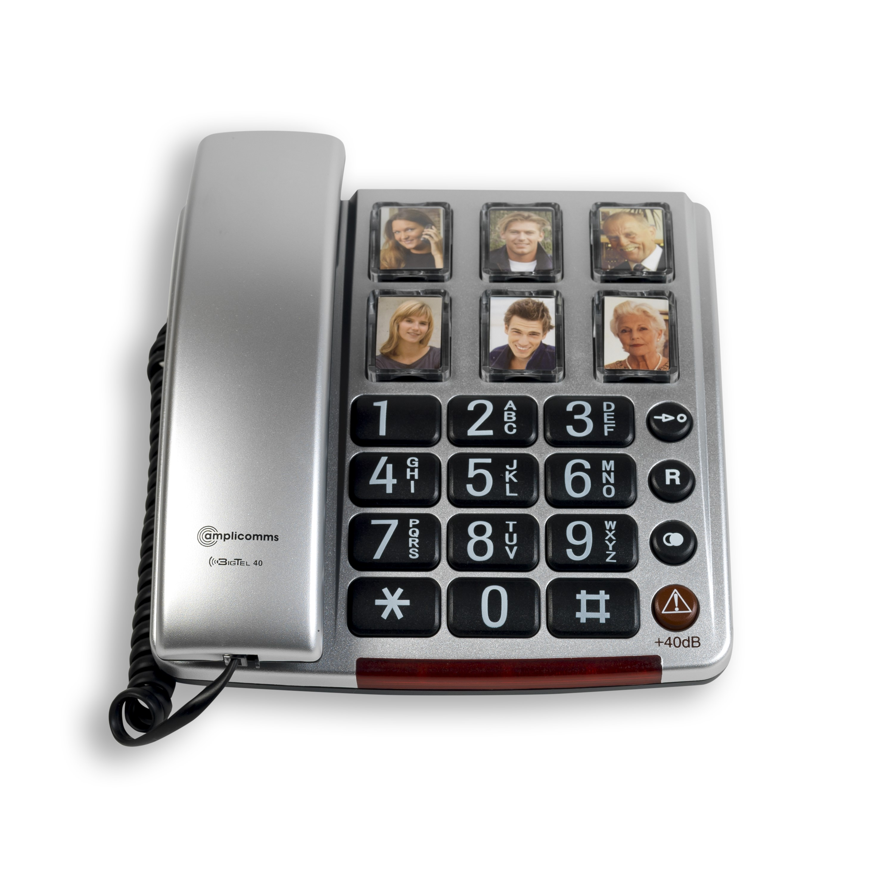 Un telefono fisso argentato con pulsanti grandi e foto, su sfondo bianco.