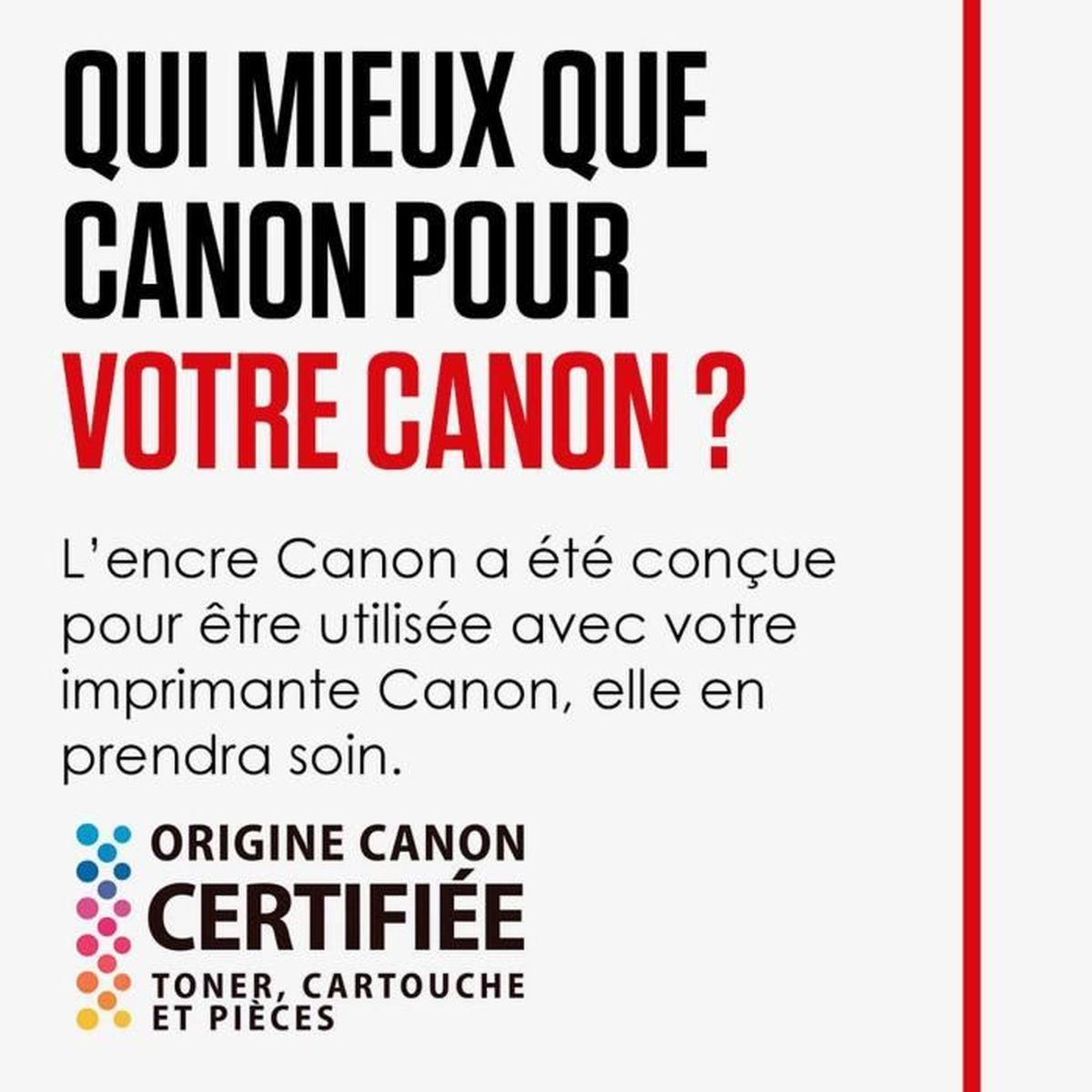 Tekst w języku francuskim, z produktami Canon i słowami 'ORIGINE CANON CERTIFIEE'.