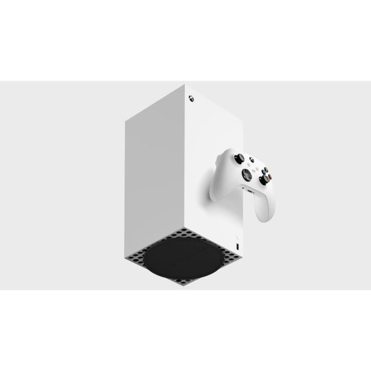 Biała konsola Xbox Series X z białym kontrolerem przymocowanym do boku. Widoczna czarna podstawa.