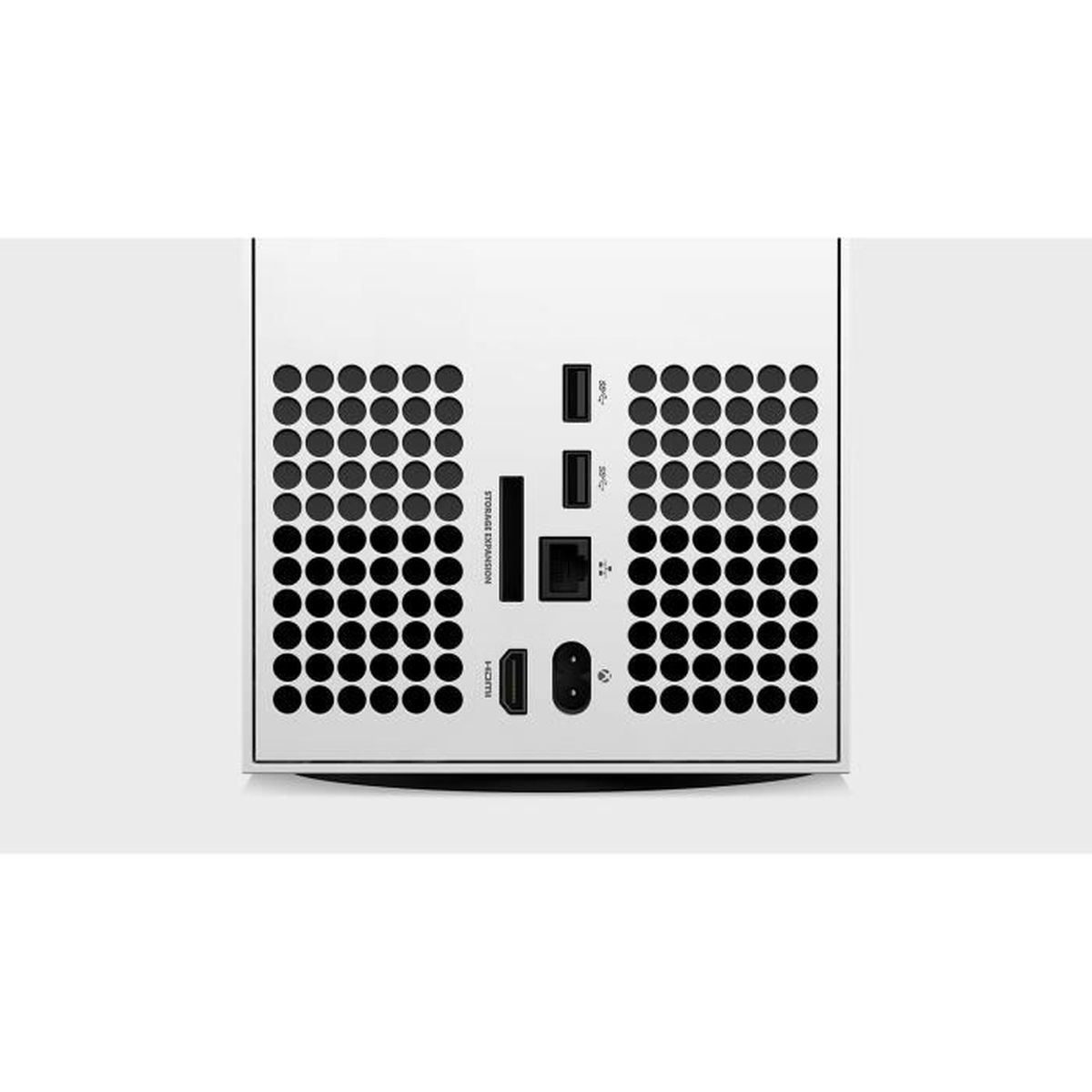 Zbliżenie na tył białej konsoli Xbox Series X z różnymi portami i otworami wentylacyjnymi.