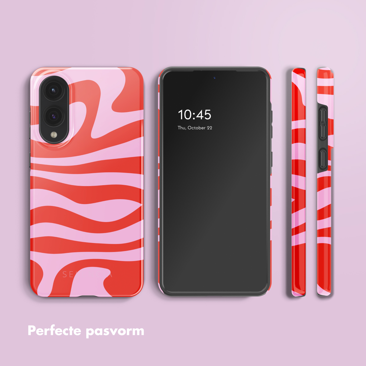 Un telefono con una custodia a onde rosse e rosa, e due viste laterali della custodia, il tutto su uno sfondo rosa.