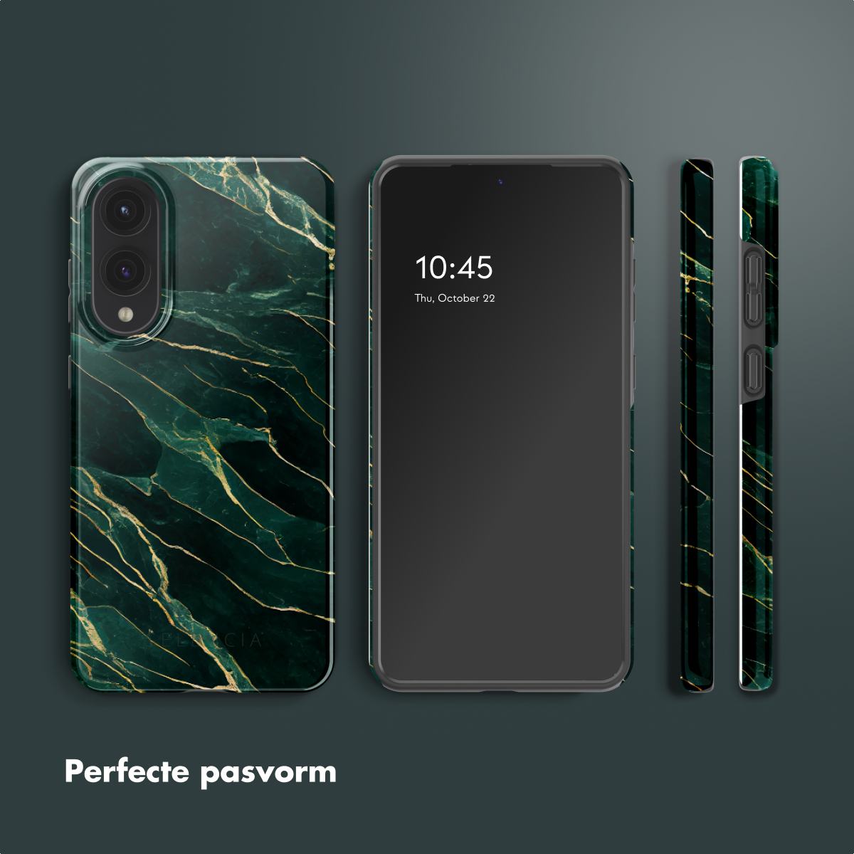Un telefono con una custodia in marmo verde, due viste laterali della custodia e uno schermo che mostra l'ora.