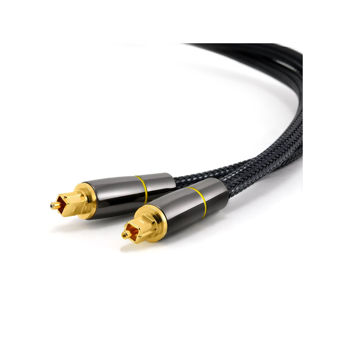 Zwei optische Audiokabel mit goldfarbenen Spitzen und schwarzen geflochtenen Kabelkörpern, weißer Hintergrund.