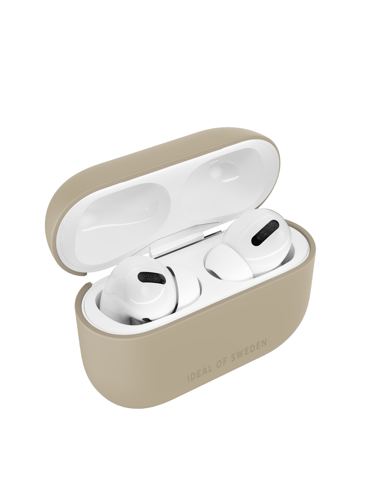 Beigefarbene AirPods Pro Hülle mit AirPods. Die Hülle ist geöffnet und zeigt die weißen AirPods im Inneren.