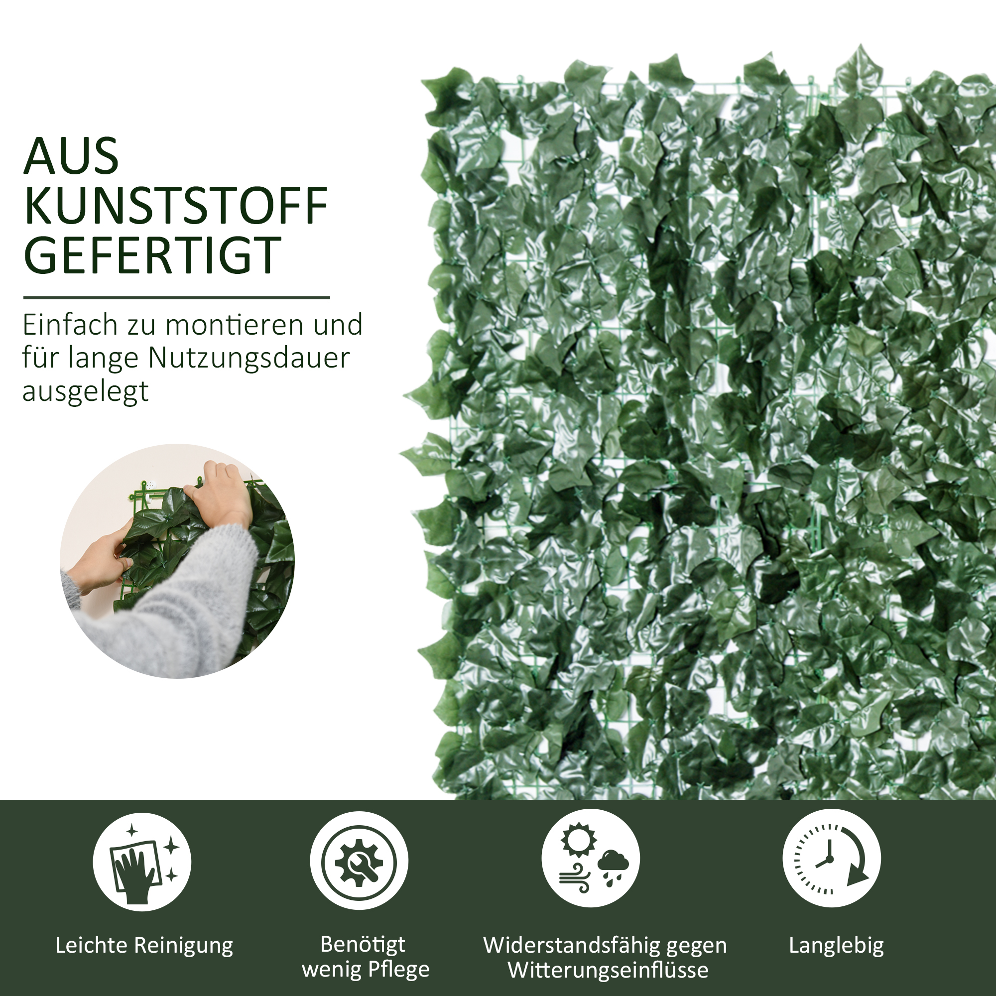 Die Hand einer Person hält ein grünes Kunstblatt, um das Produkt zu zeigen. Text: Einfach zu installieren.