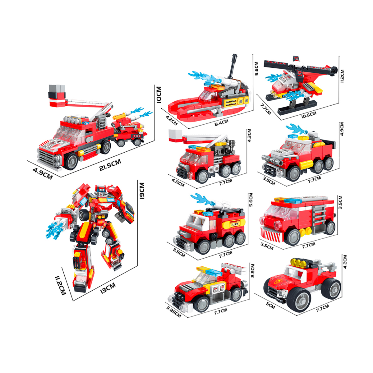 Eine Sammlung von Spielzeug-Transformator-Fahrzeugen und einem großen Roboter. Maße und Modelle sind markiert.