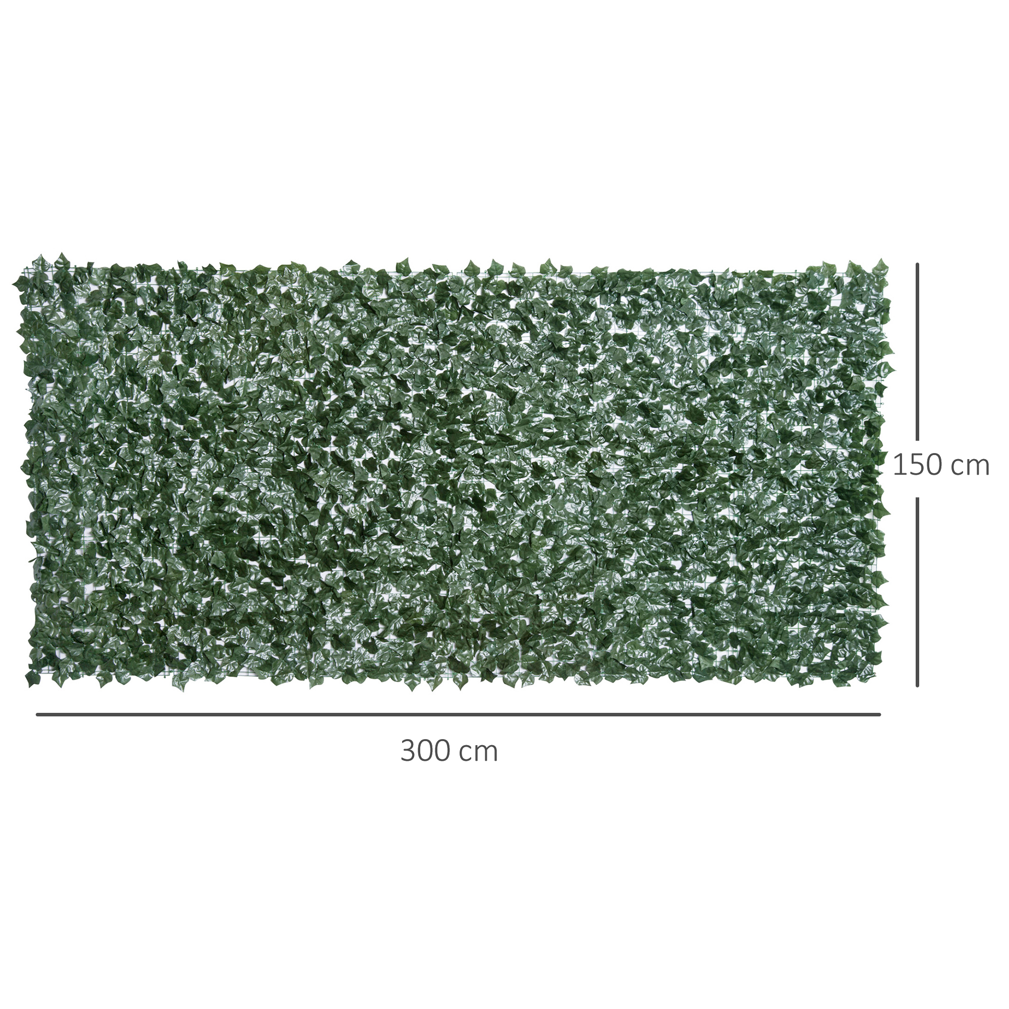 Ein grüner, blättriger Zaun mit den Maßen 300 cm x 150 cm, vor weißem Hintergrund.
