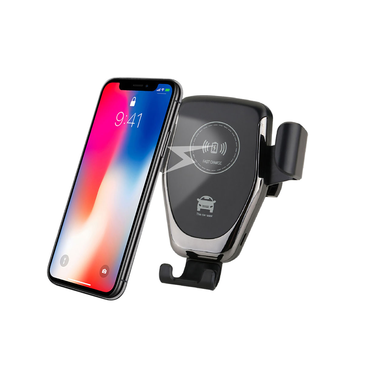 Un soporte para teléfono de coche negro y plateado con un teléfono. El teléfono es un iPhone.