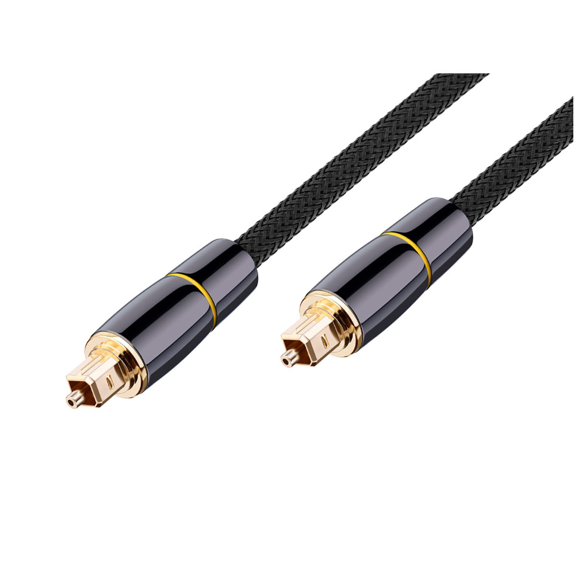Cavo audio ottico nero con connettori dorati. Sfondo bianco.