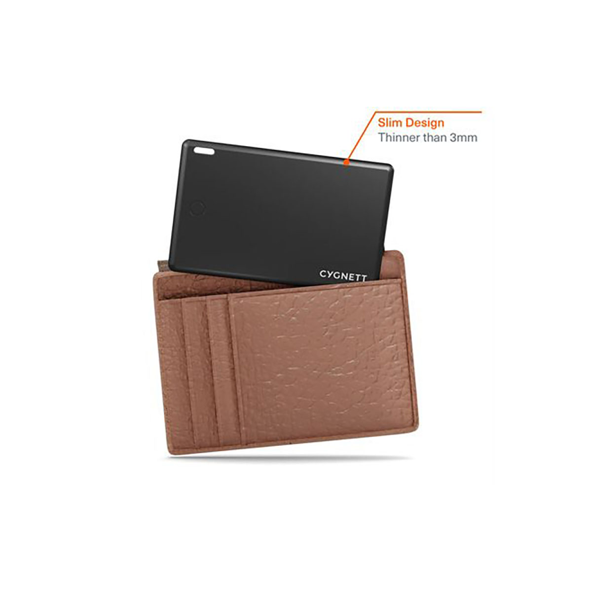Ein schwarzes Tablet liegt auf einem braunen Kartenhalter. Text lautet: 'Schlankes Design, dünner als 3 mm'.