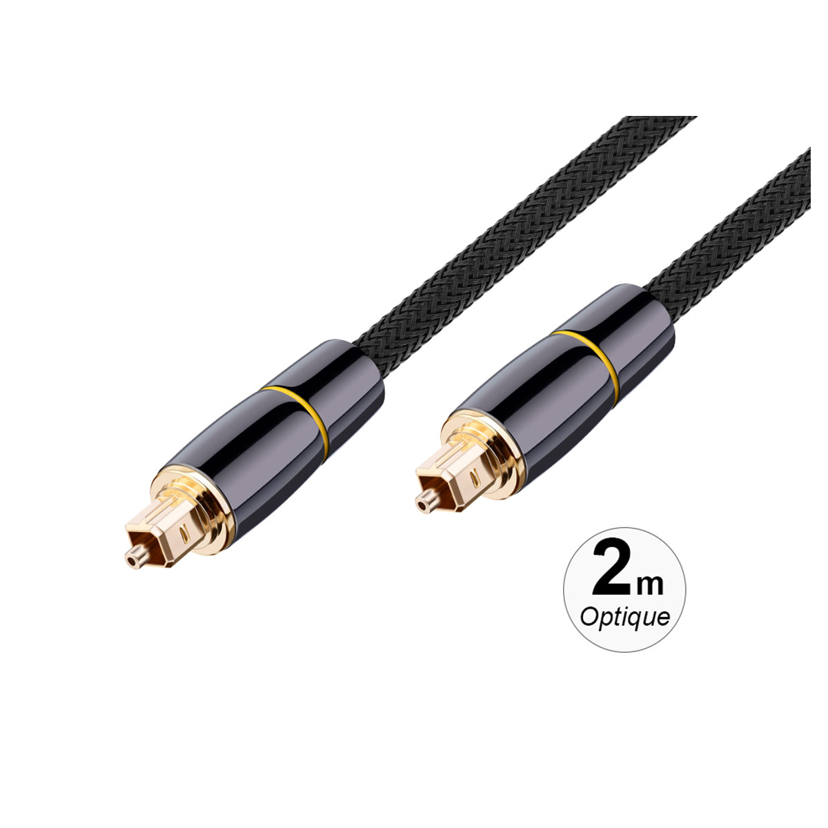 Due cavi audio ottici neri con punte color oro. Il cavo è etichettato con '2m Optique'.