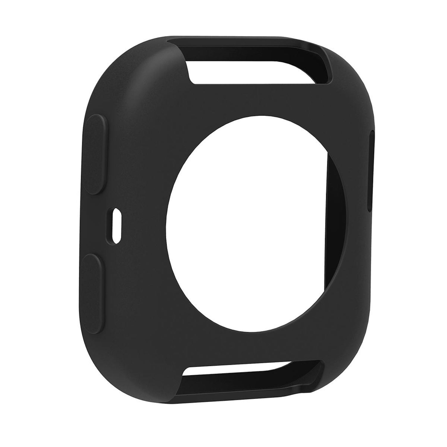Eine schwarze Hülle für eine Smartwatch. Sie hat Aussparungen für Bildschirm und Knöpfe. Sie ist gebogen.
