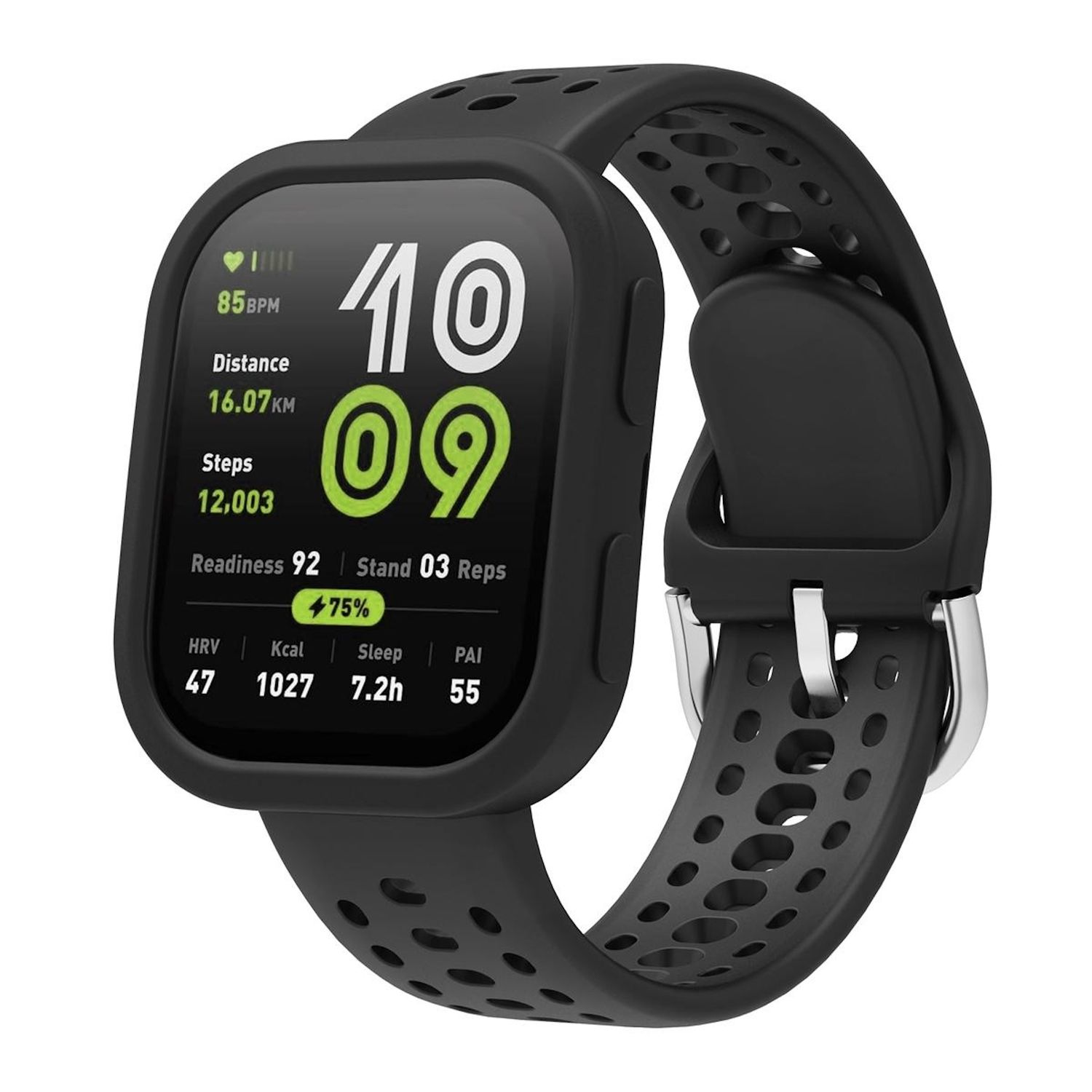Smartwatch mit schwarzem Gehäuse und Armband, das Gesundheitsdaten zeigt: BPM, Distanz, Schritte, Bereitschaft. Weißer Hintergrund.