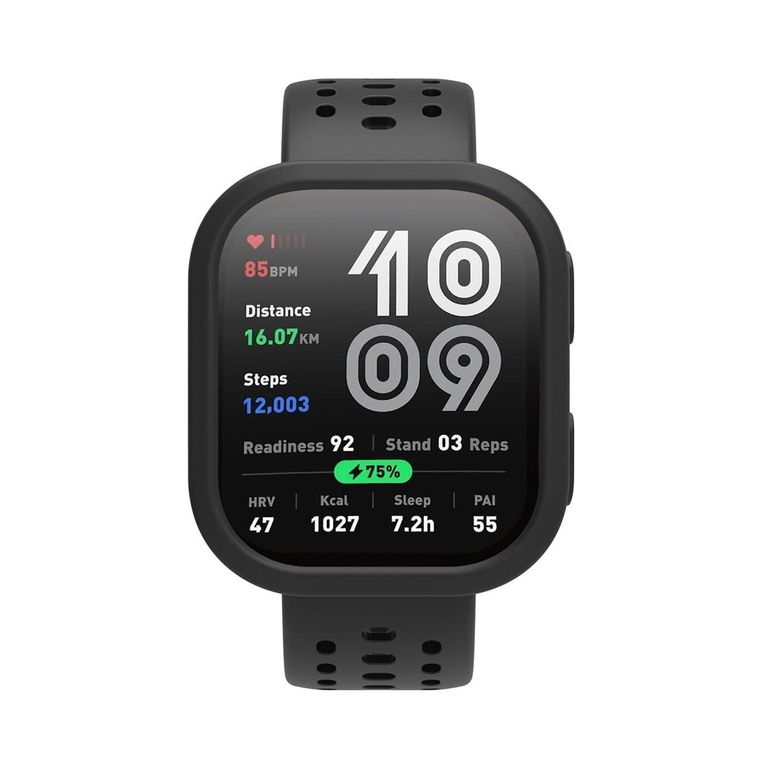 Ein Smartwatch-Bildschirm mit Metriken: Herzfrequenz, Distanz, Schritte und Bereitschaft. Schwarzes Gehäuse.