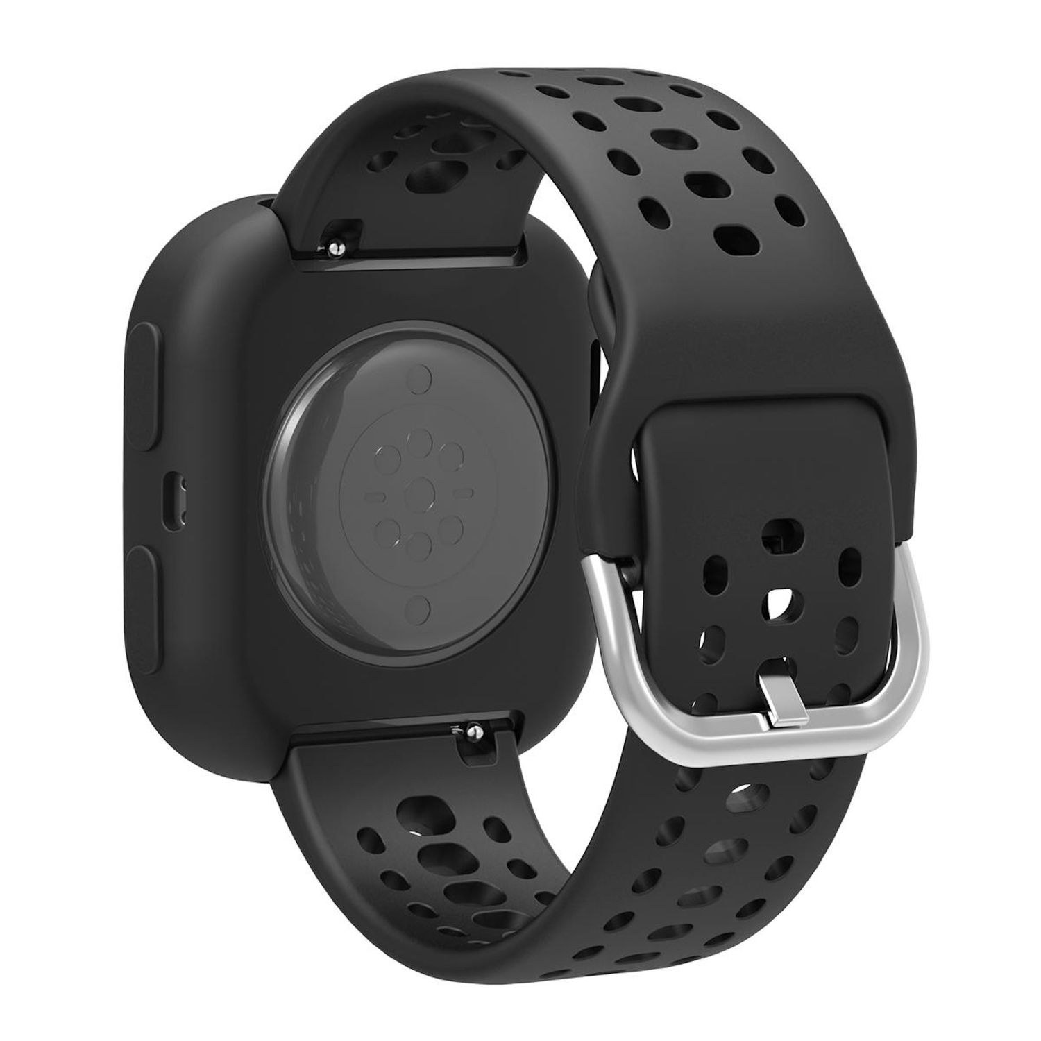 Die Rückseite einer Smartwatch mit schwarzem Armband. Das Armband hat Löcher. Ein Metallverschluss sichert das Armband.