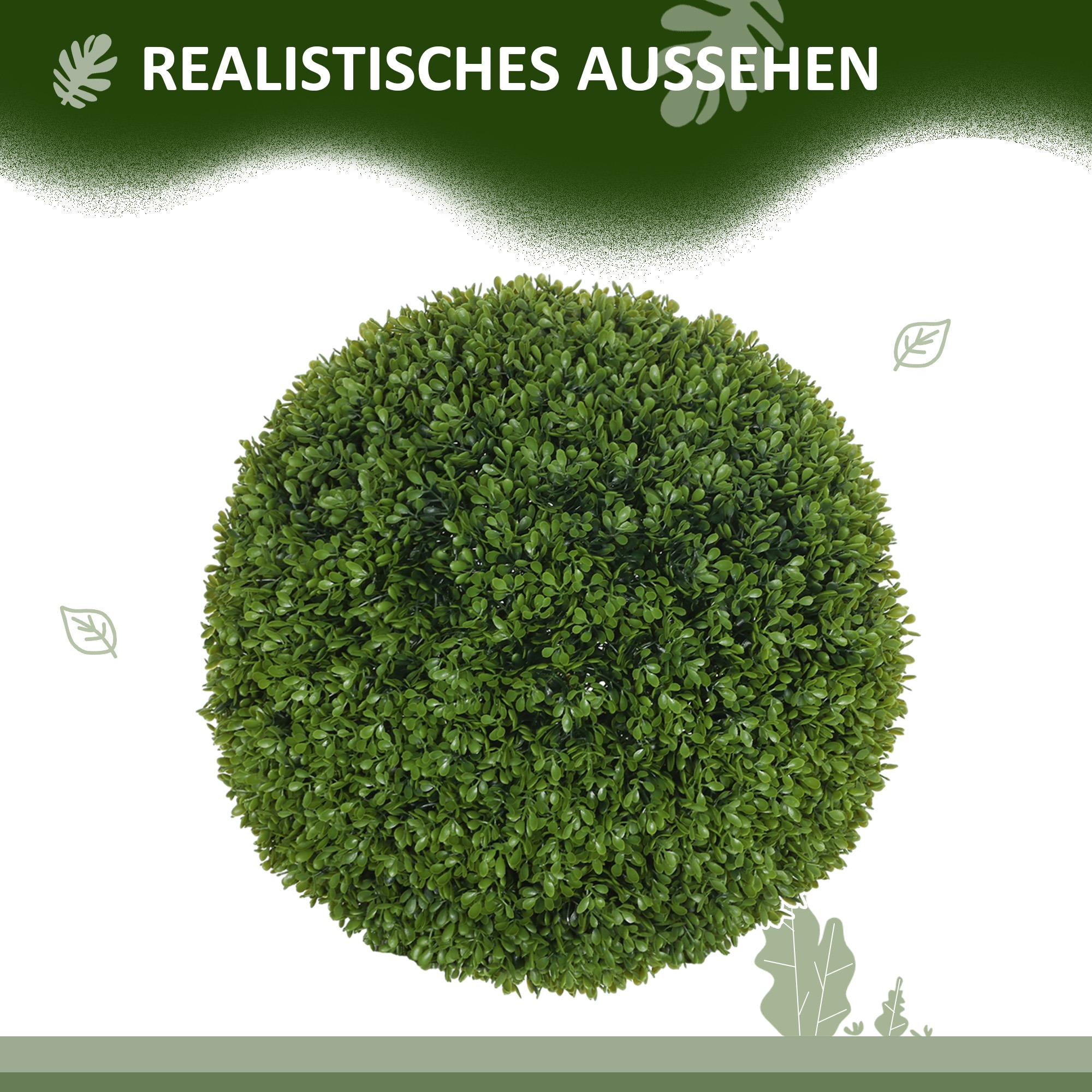 Grüne künstliche Buchskugel. Grüne Blätter, mit weißem Hintergrund und deutschem Text.