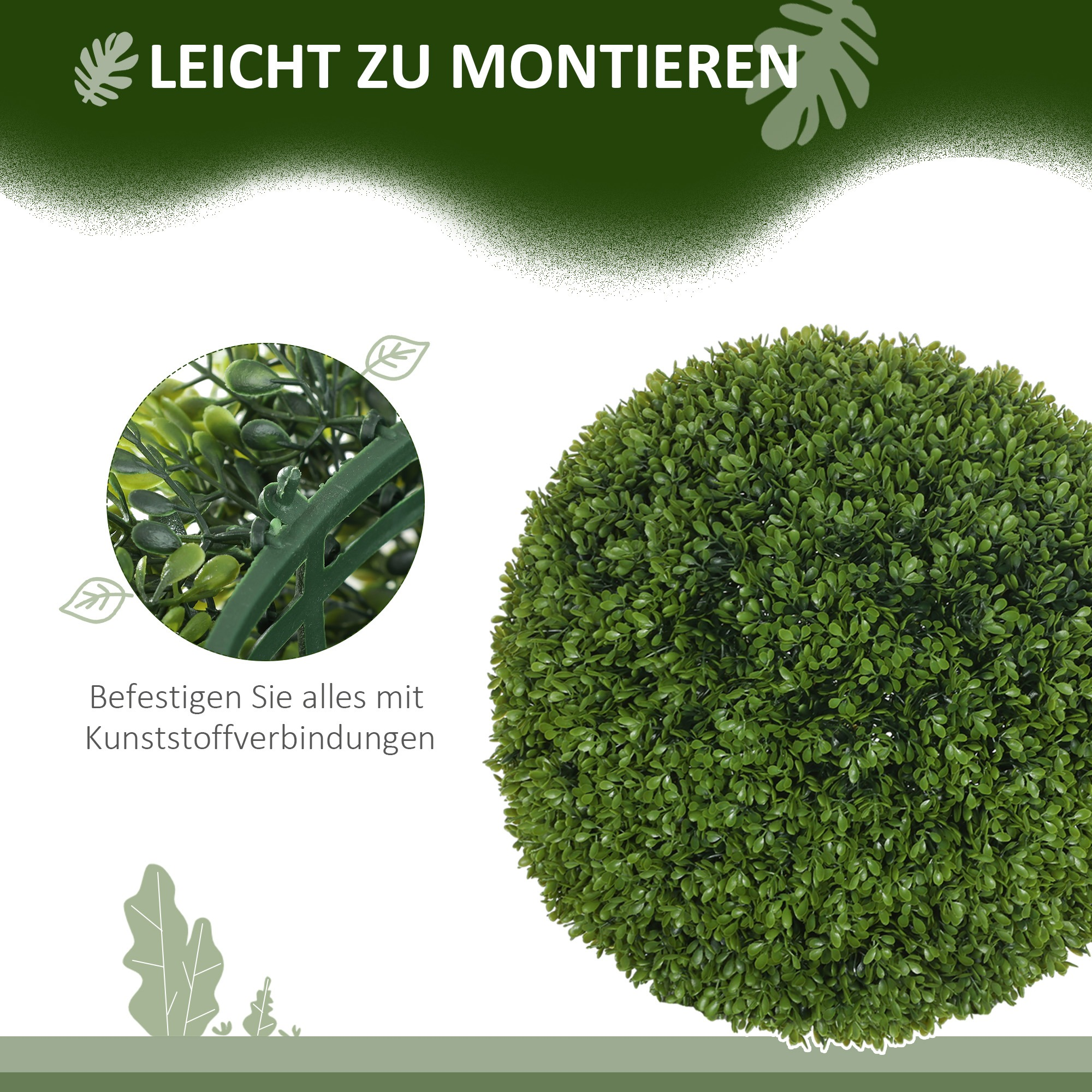 Nahaufnahme einer grünen, kugelförmigen Kunstpflanze. Die Pflanze besteht aus vielen kleinen Blättern und grünem Kunststoff.