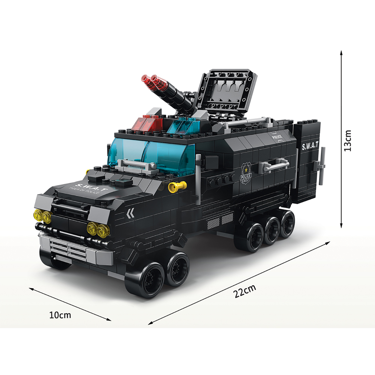 Schwarzer SWAT-Truck als Spielzeug. Schwarz mit roten und blauen Lichtern, Waffen montiert. Abmessungen gezeigt.