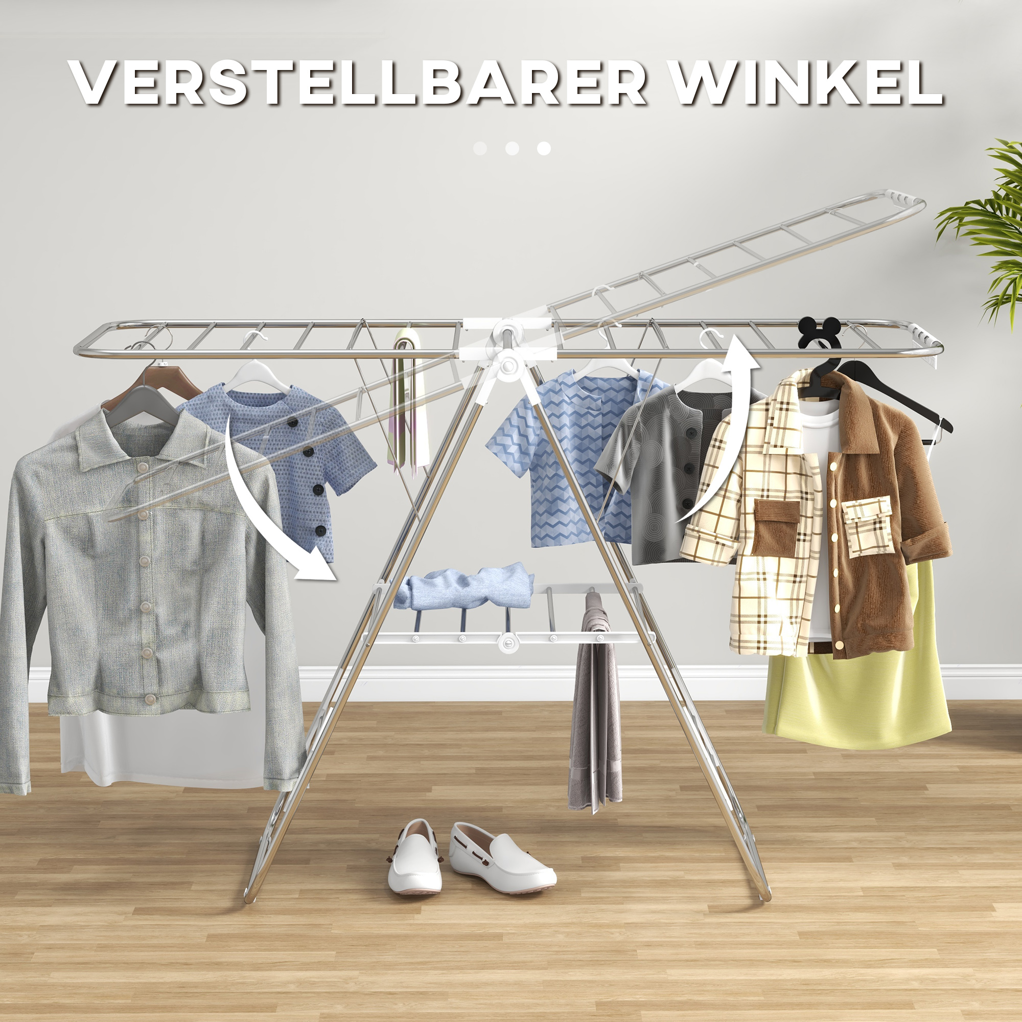 Ein Wäscheständer mit Kleidung, die daran hängt. Weiße Pfeile zeigen auf die Kleidung und auf den Ständer.