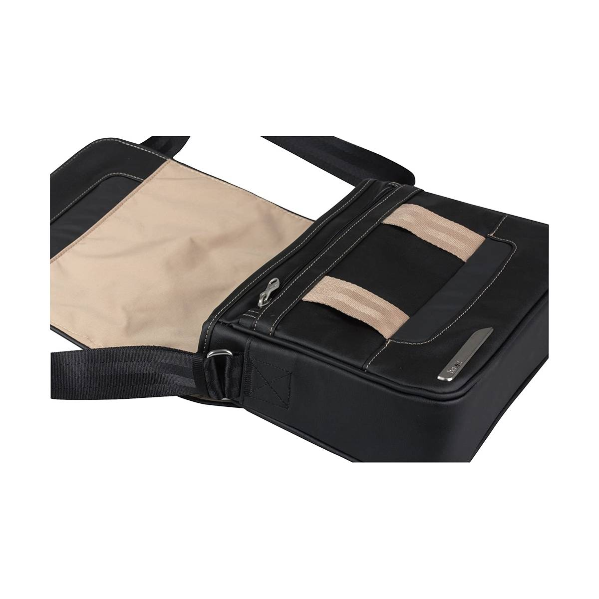 Un sac messager noir, ouvert, avec une poche zippée. L'intérieur est beige, avec des sangles beiges.