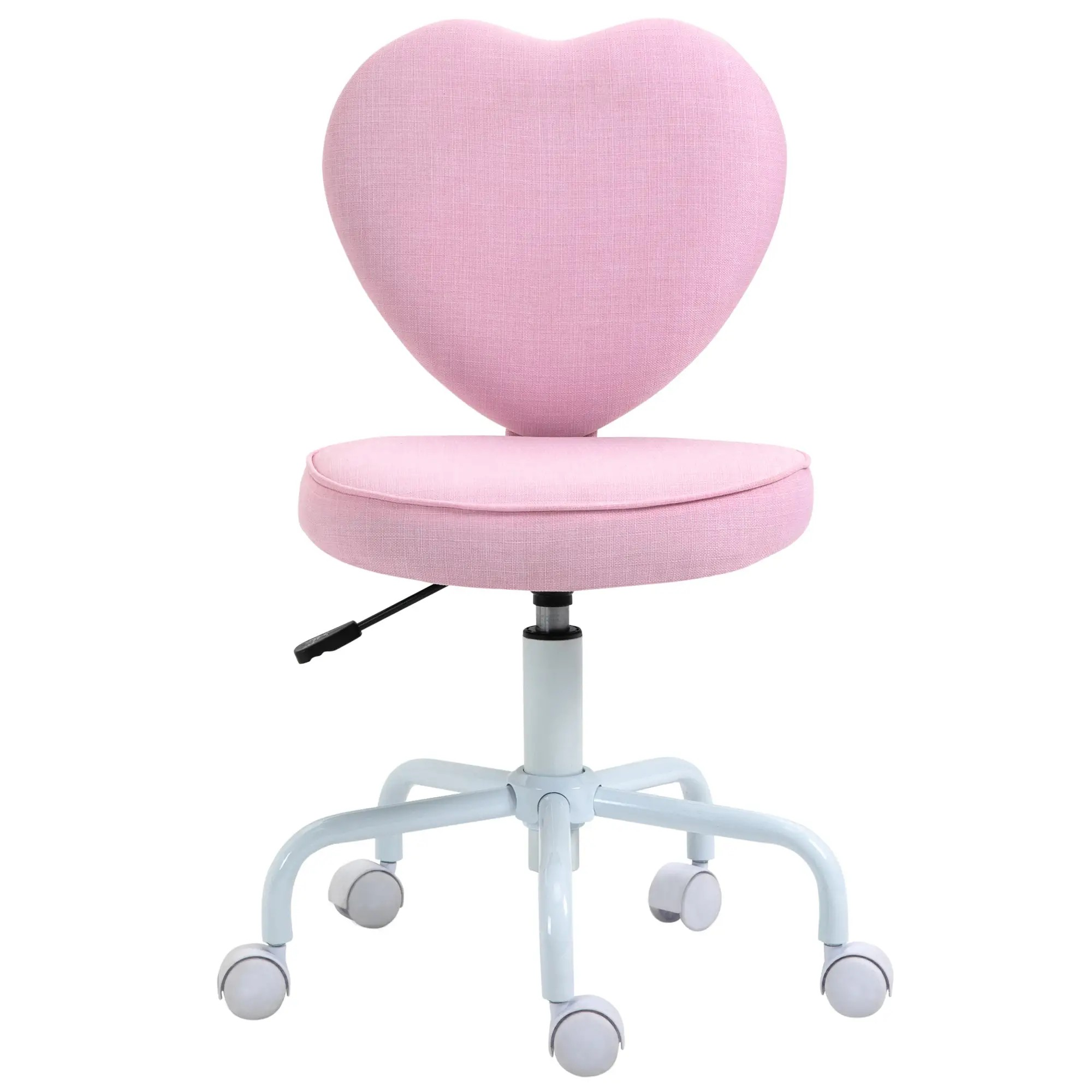 Ein rosa herzförmiger Stuhl auf weißer Basis mit Rollen. Der Stuhl steht vor weißem Hintergrund.