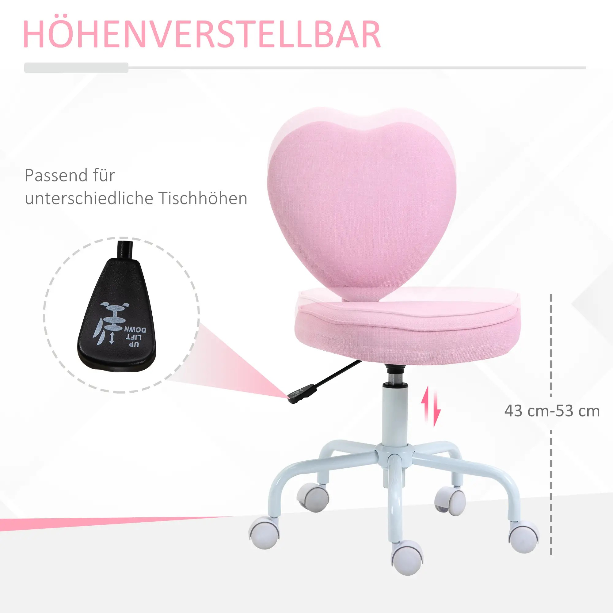 Ein pinkfarbener Herzstuhl auf weißer Basis. Der Stuhl ist höhenverstellbar, mit Messungen zwischen 43-53 cm.