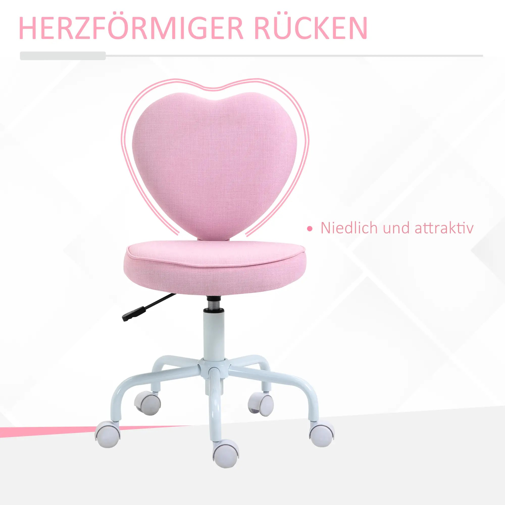 Rosa Stuhl mit herzförmiger Rückenlehne und weißem Gestell. Text: 'Niedlich und attraktiv'.