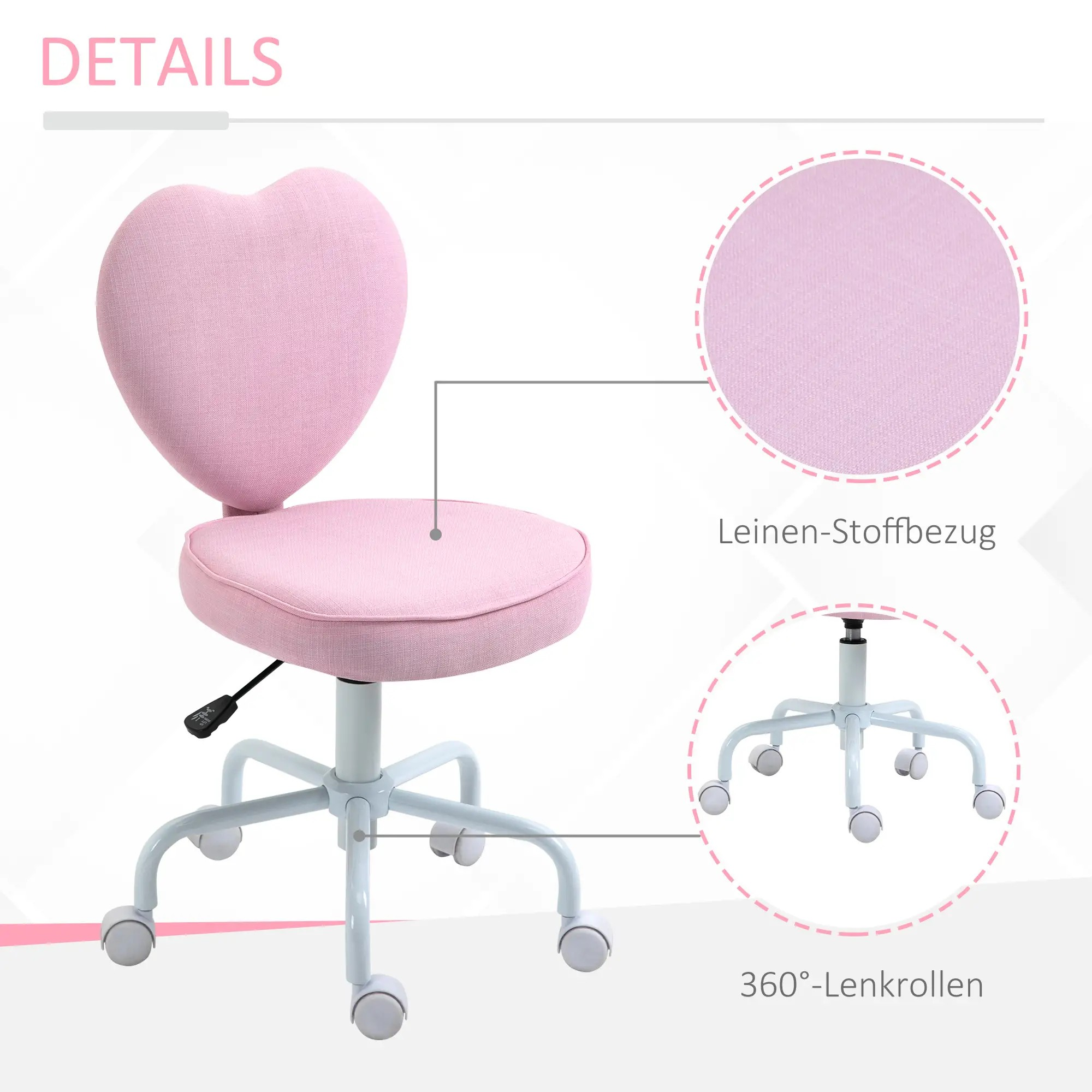 Details eines rosa Herzstuhls. Zeigt den Stoff und die 360-Grad-Lenkrollen.