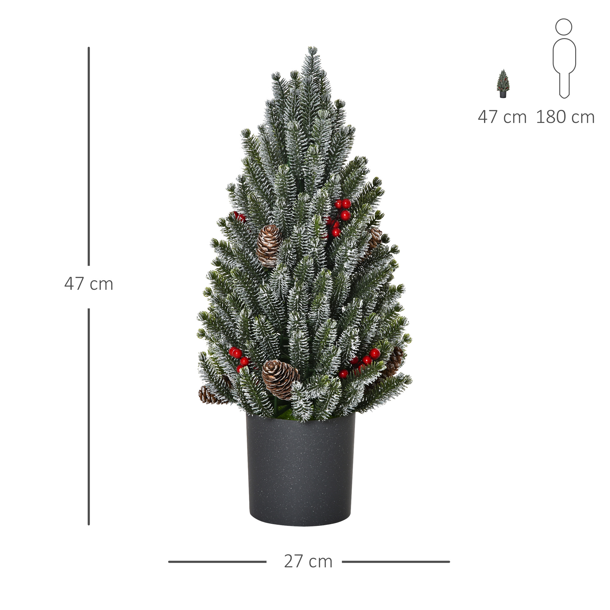 Ein kleiner künstlicher Weihnachtsbaum in einem schwarzen Topf, mit Abmessungen und einem Personensymbol zum Größenvergleich, vor Weiß.