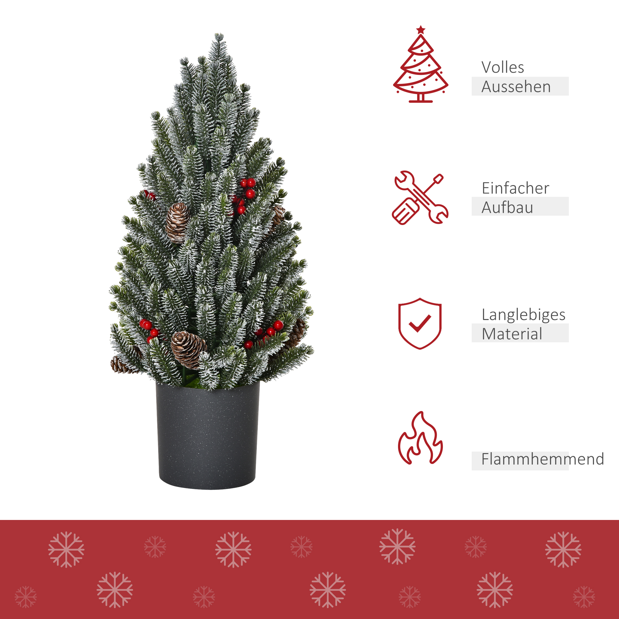 Künstlicher Weihnachtsbaum in einem Topf mit schneebedeckten Ästen, Tannenzapfen und roten Beeren. Rote Schneeflocken unten.