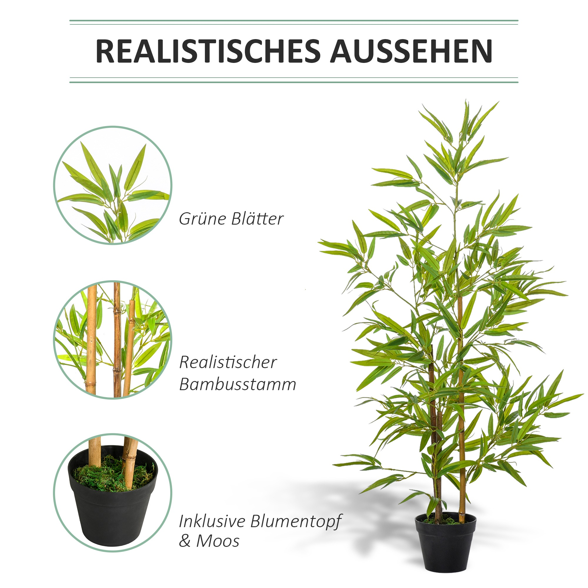 Künstliche Bambuspflanze mit grünen Blättern und schwarzem Topf. Text zeigt grüne Blätter, Bambusstämme und einen Topf.