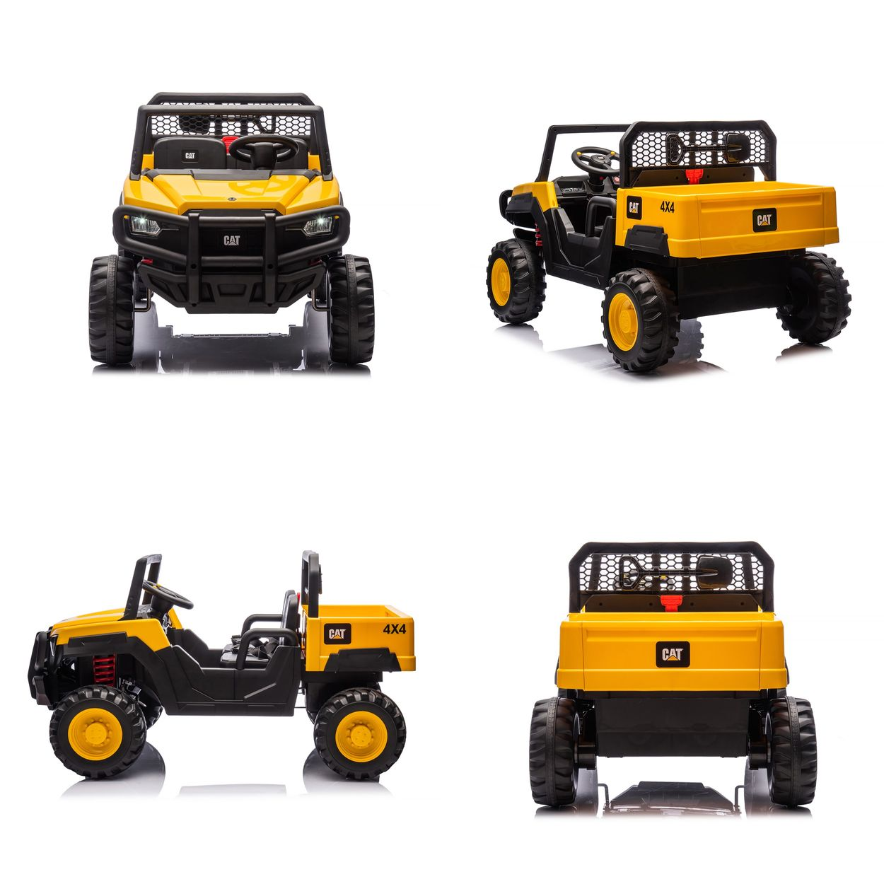 Vier Bilder eines gelben CAT 4X4 Spielzeugautos aus verschiedenen Winkeln. Es hat schwarze Details und große Räder.