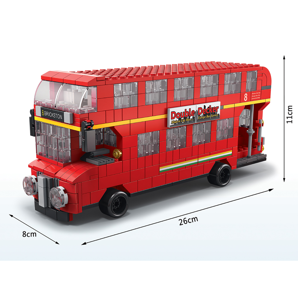 Roter Doppeldeckerbus aus Lego-Steinen mit schwarzen Rädern und klaren Fenstern. Das Modell hat die Nummer 8.