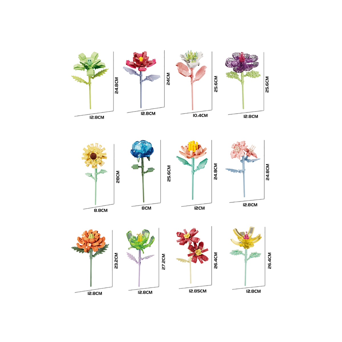 Eine Sammlung bunter künstlicher Blumen, mit Abmessungen für jede.