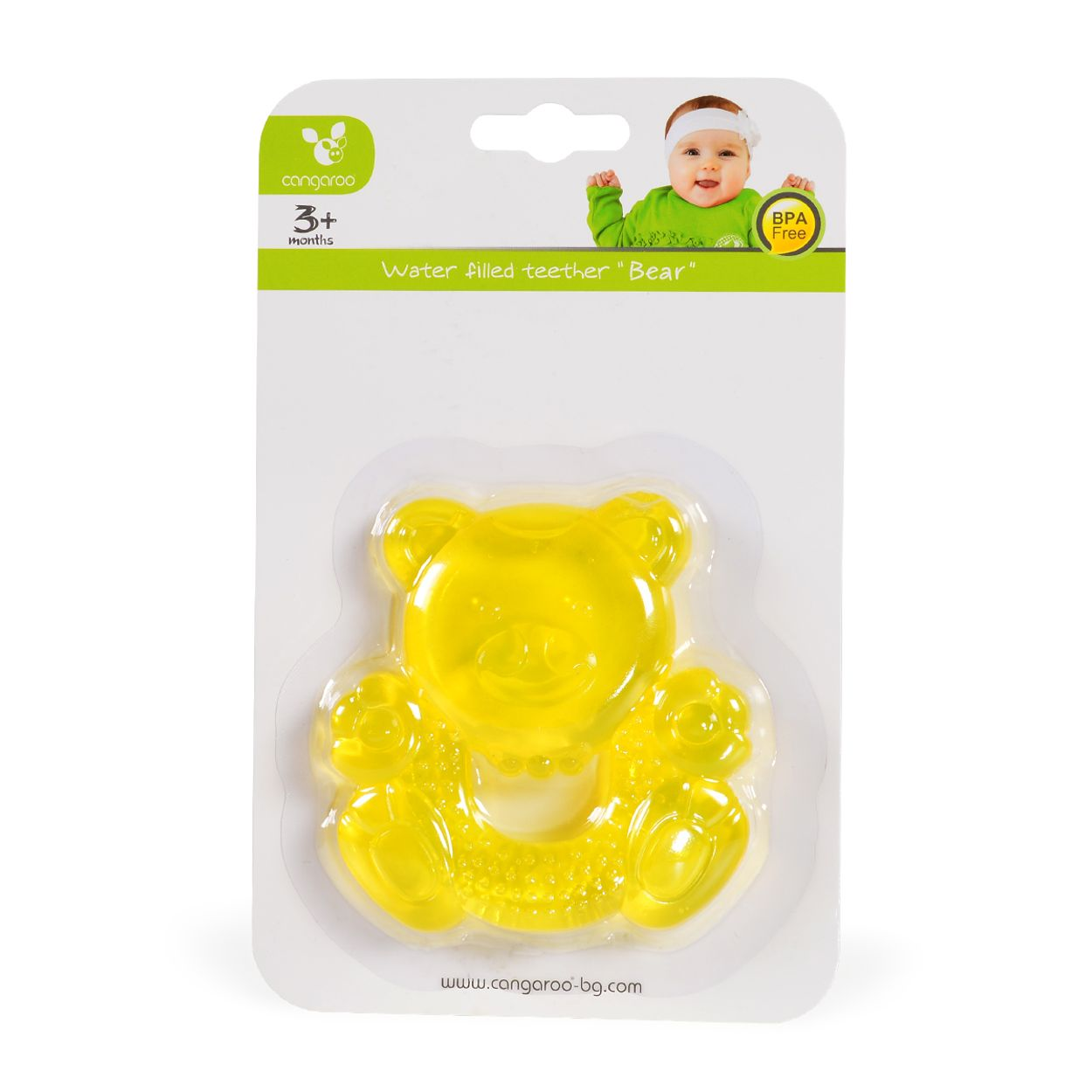 Gelber, bärenförmiger Beißring in durchsichtiger Verpackung. „kangaroo“-Logo oben links.