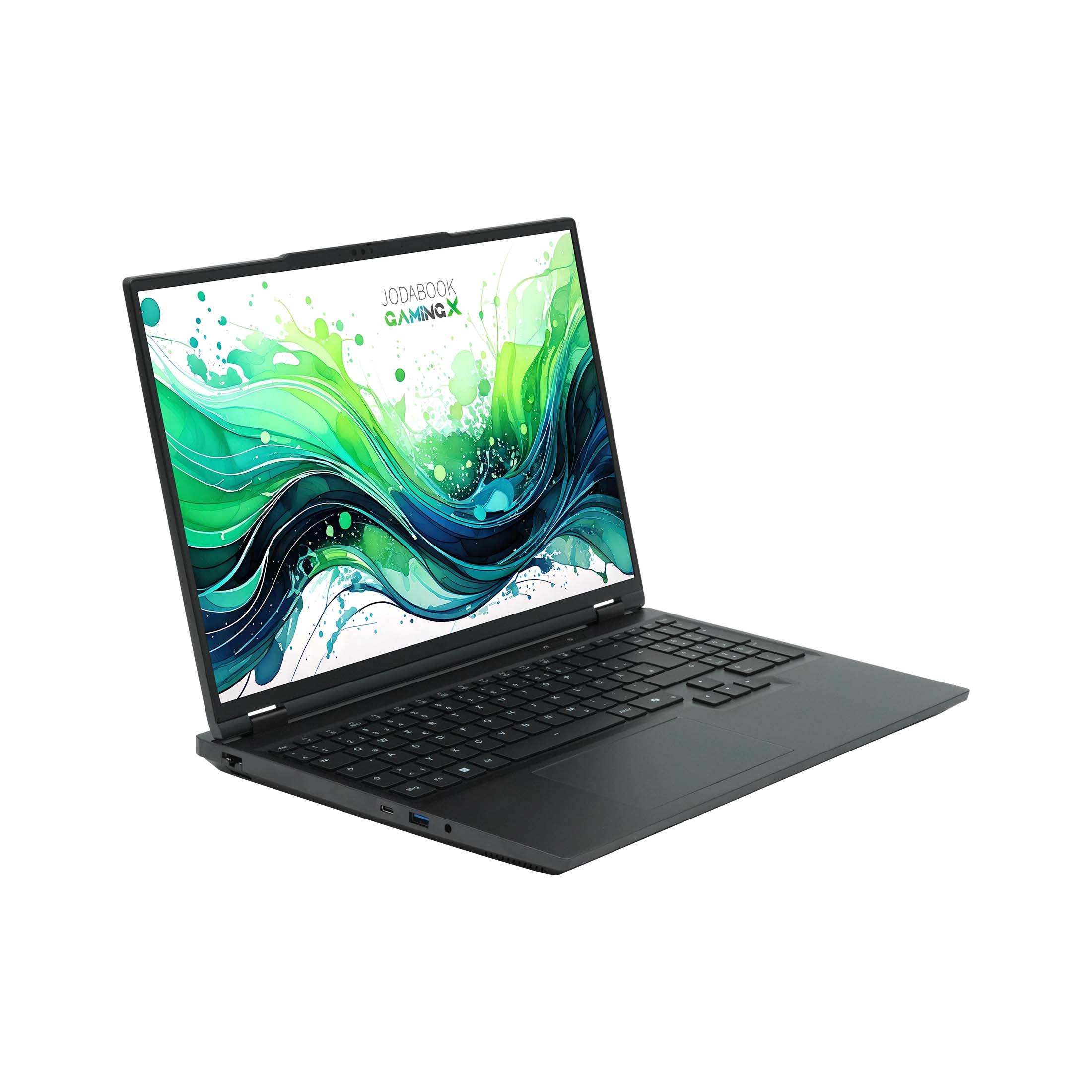 Ein schwarzer Laptop. Der Bildschirm zeigt eine grün-blaue Grafik.
